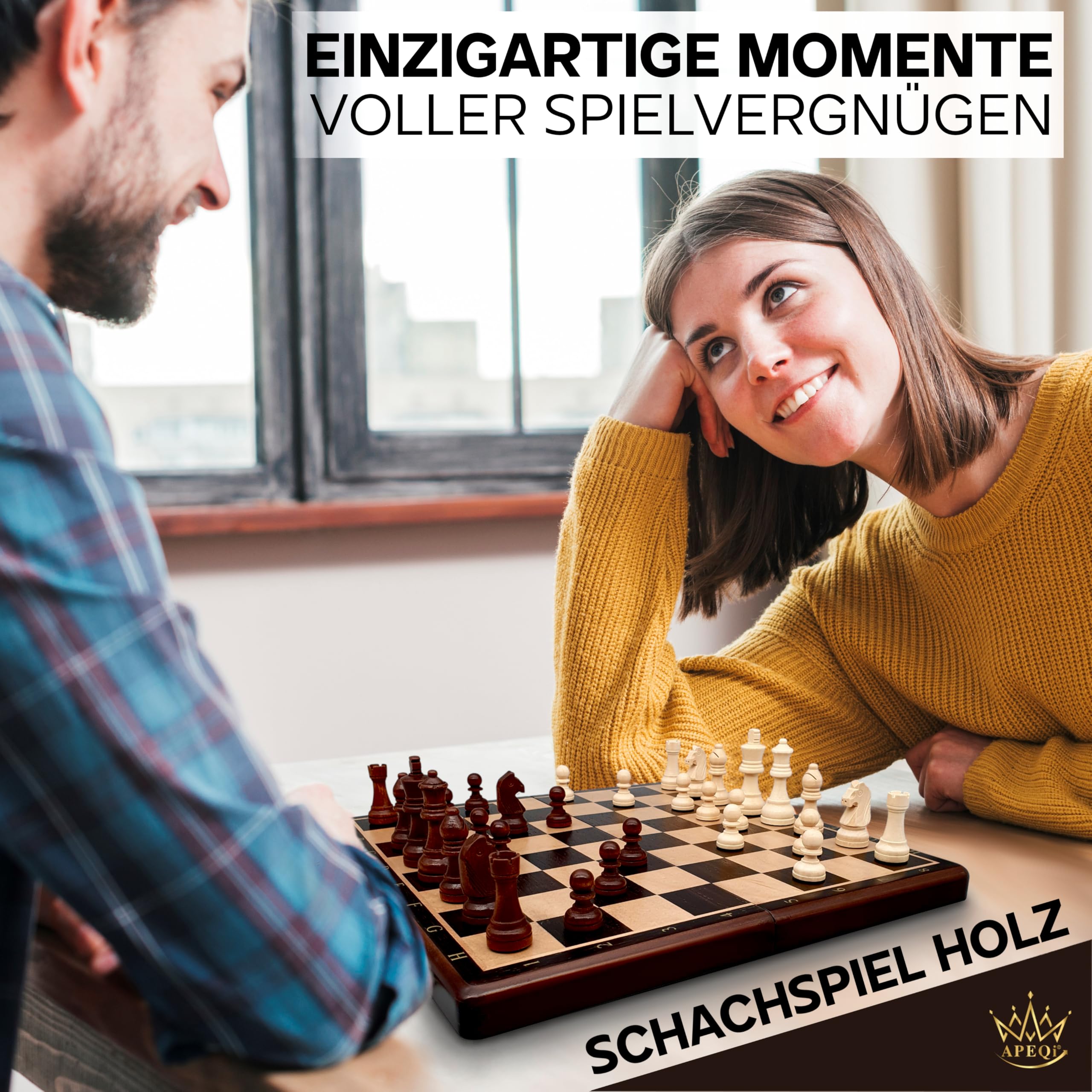 APEQi® Premium Schach MAGNETISCH - Schachspiel Holz HOCHWERTIG - [38x38cm], Massivholz, 2 EXTRA-Damen, Geschenkidee - Schachbrett Holz hochwertig - Chess Board 34 Schachfiguren Reiseschach magnetisch