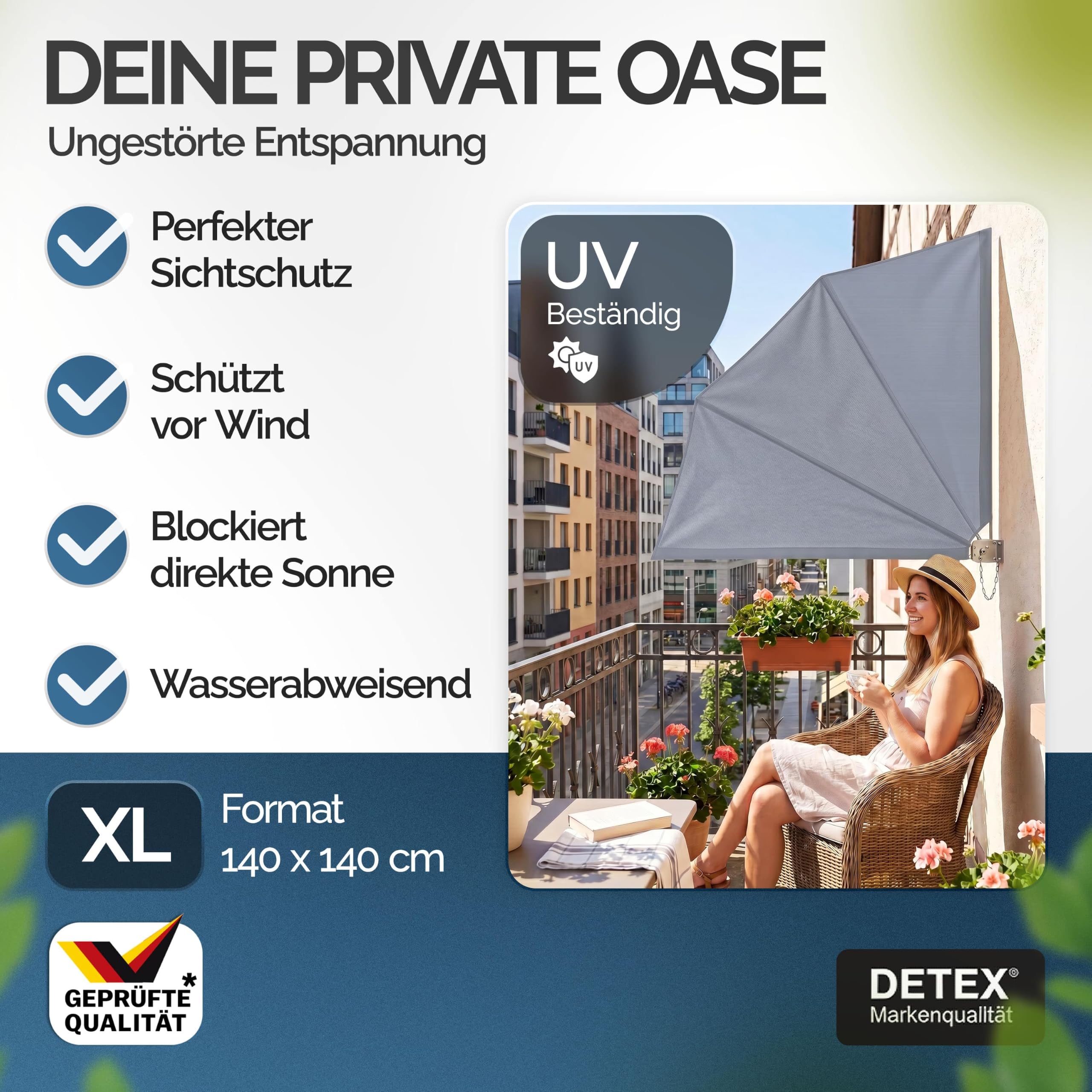 Detex® Balkonfächer Sichtschutz inkl. Abdeckung 140x140cm Wetterfest UV-beständig Faltbar Terrasse Seitenmarkise Sonnenschutz Wandhalterung Anthrazit