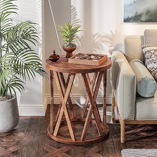 Miniatura 9 de COZAYH Mesa auxiliar de granja, mesa auxiliar redonda rústica con patas de motivos en X, parte superior texturizada de madera, para estilo bohemio,