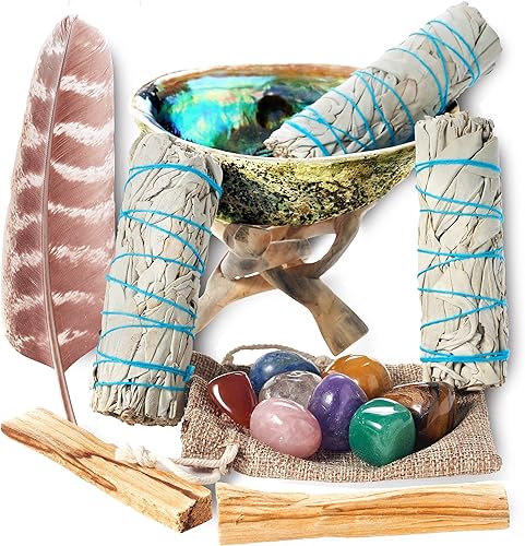 Miniatura 6 de Kit de limpieza de salvia  3 paquetes de salvia blanca  8 piedras curativas de chakra  Concha de abulón y soporte  Pluma para limpieza  Guía de