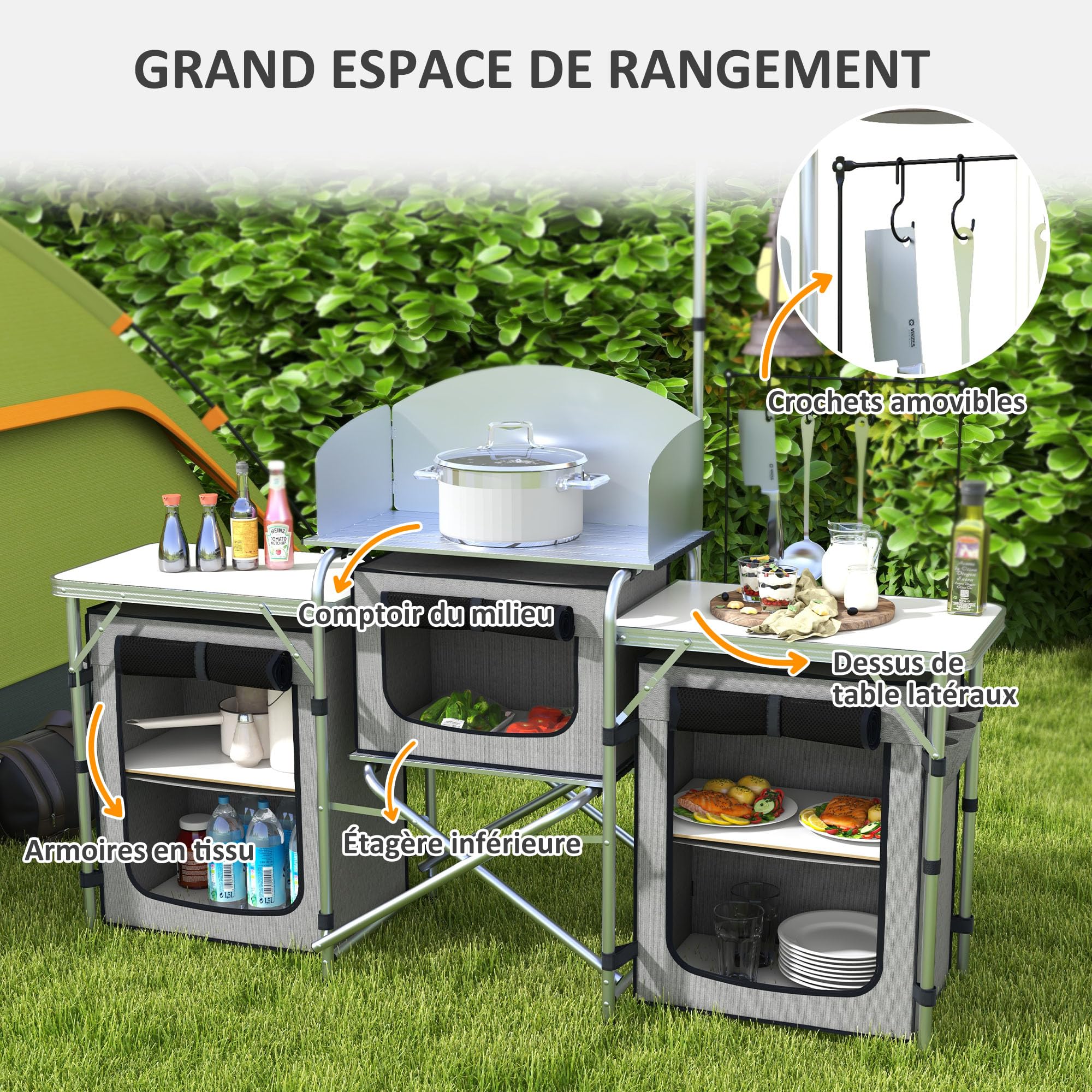 Outsunny Meuble de Cuisine pour Le Camping avec Rangement, Table d'extérieur Pliante Station de Cuisson en Aluminium avec 3 placards en Tissu, Pare-Brise, Support d'éclairage, Sac de Transport Gris