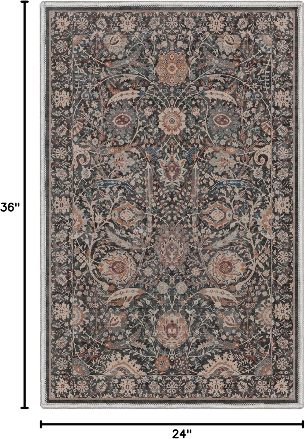 Well Woven Asha Collection Elegant Charcoal Grey Oriental 2x3 Accent Doormat Perfect for Entryway or Kitchen Ideal for High-Traffic Areas with Vintage-Inspired Low Pile