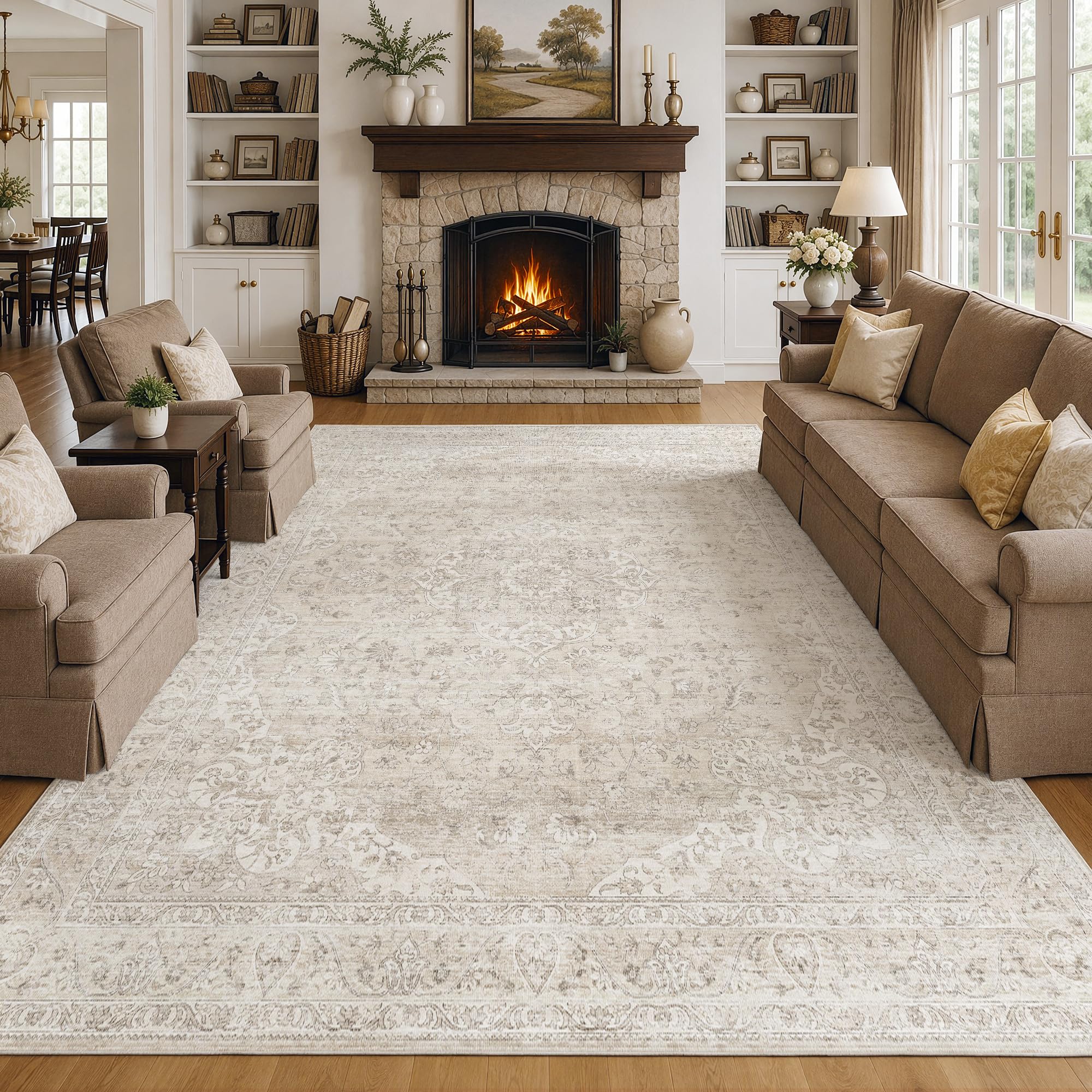 Photo 1 of FMFUNCTEX 8x10 Washable Beige Neutral Vintage Soft Area Rug for Living Room