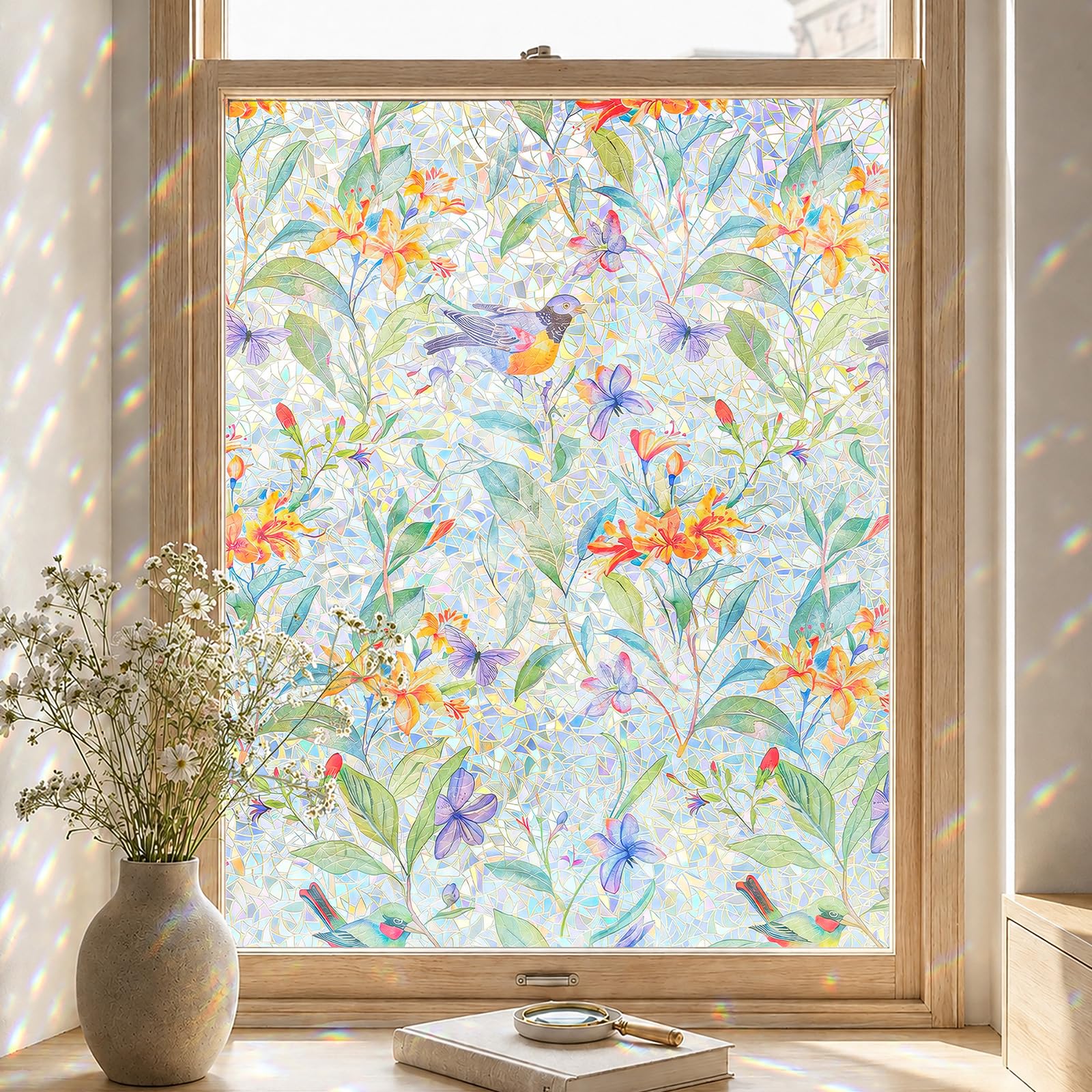 Stained Glass Window Film Privacy for Glass Windows, Window Privacy Film UV Blocking Static Cling for Home Kitchen Office, Fragments of Dreams of Flowers and Birds 44x200CM