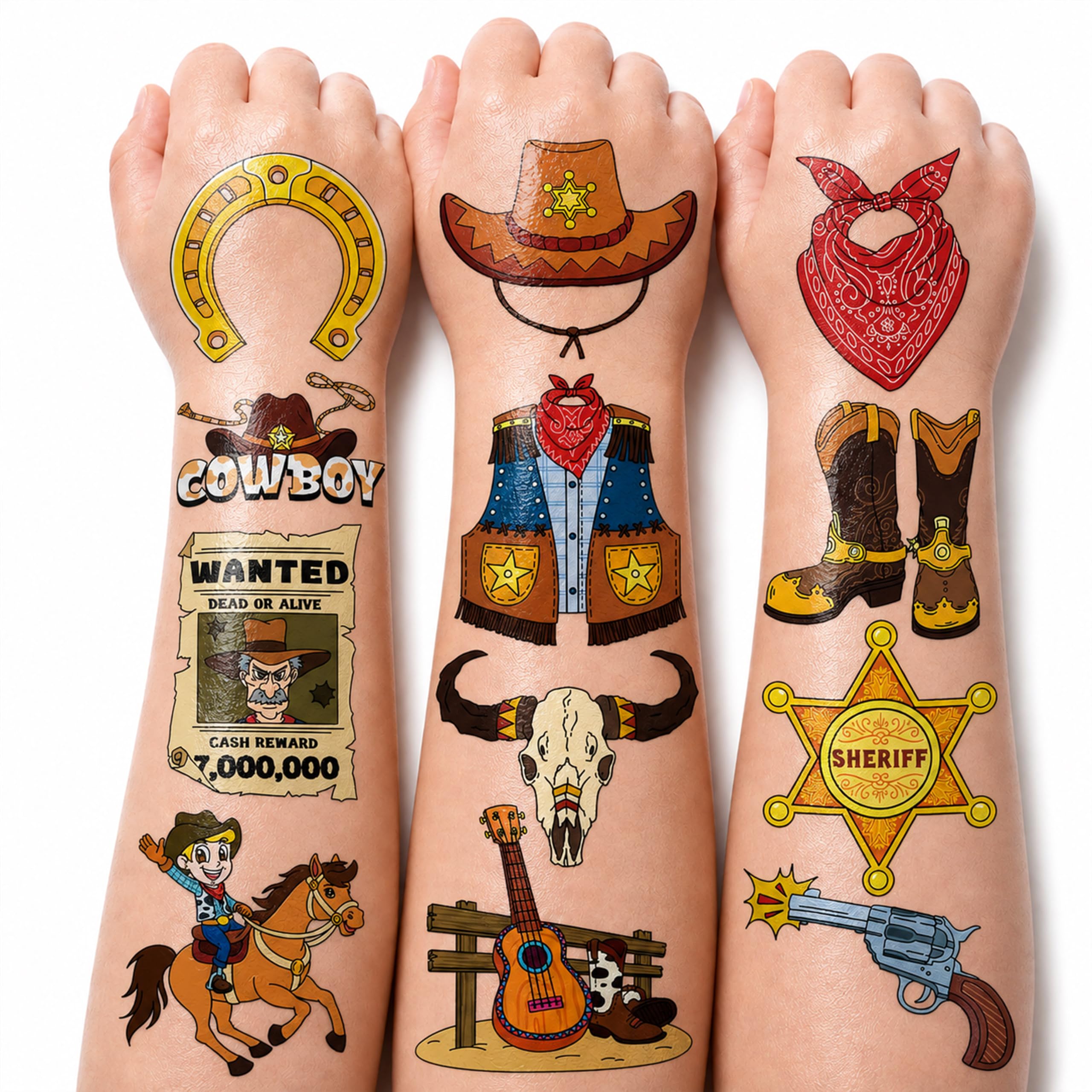 96 PCS Pre-Cut Cowboy Temporary Tattoos for Kids Birthday Party Favors Multiple