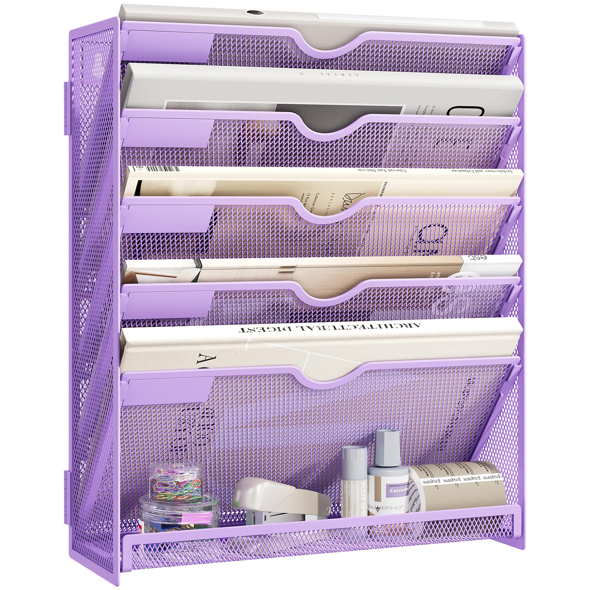 VITVITI File Organiser, 6-Tier A4 Wall Mounted Magazine File Holder for Mails Folders Papers, Vertical Document Organiser for Office Home - Purple