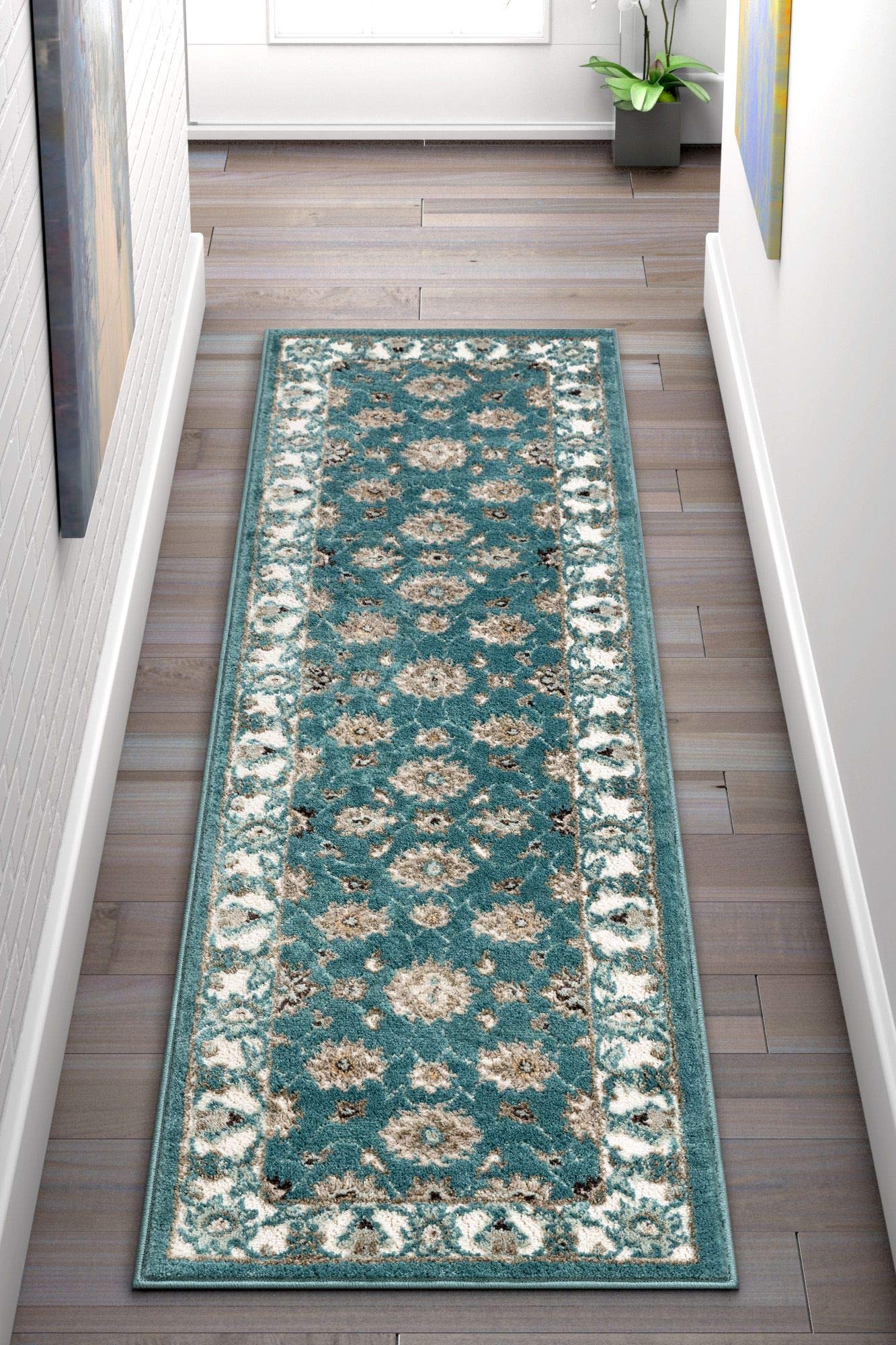 Well Woven Orchid Celia Blue Traditional Floral Border 2' x 7'3" Runner Low Pile Rug