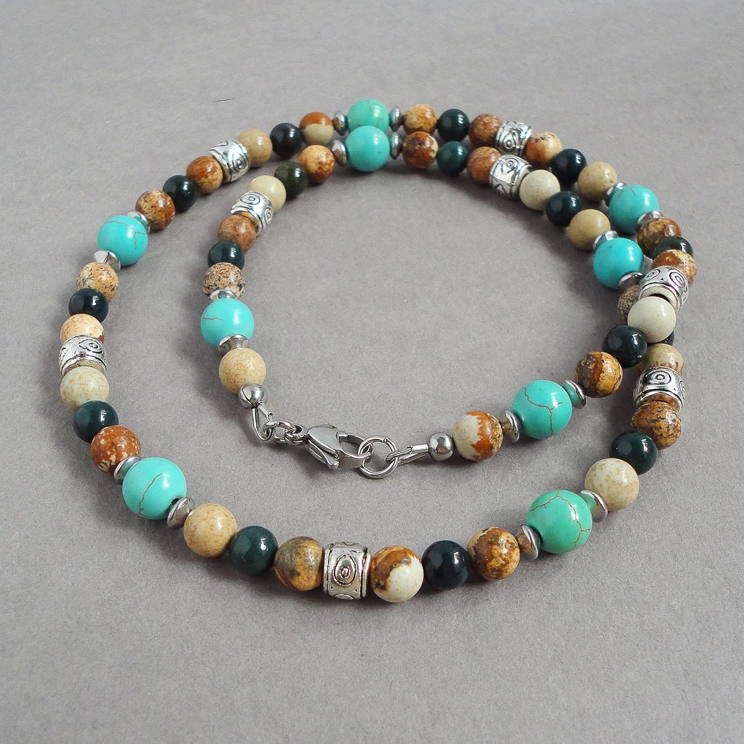 Mami's Gem Studio Handmade Mens Natural Stone Necklace - 6-8mm Gemstones Beaded with Earthy Picture Jasper