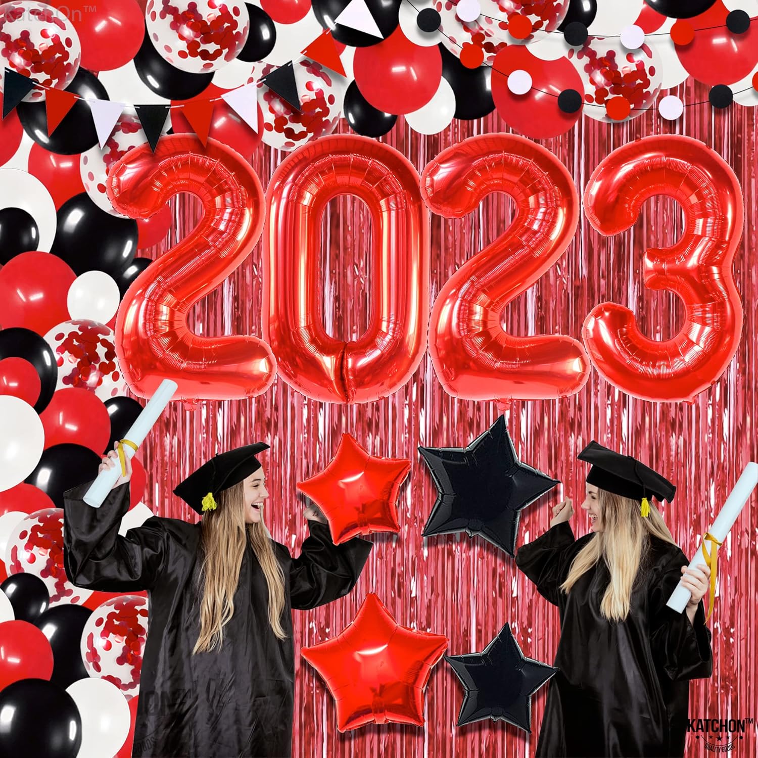 KatchOn, Red Graduation Party Decorations 2023 Set - Giant Pack of 132, Graduation Balloon Arch Kit | 2023 Balloons Red, Fringe Graduation Backdrop | Graduation Decorations Class of 2023 Balloons Arch