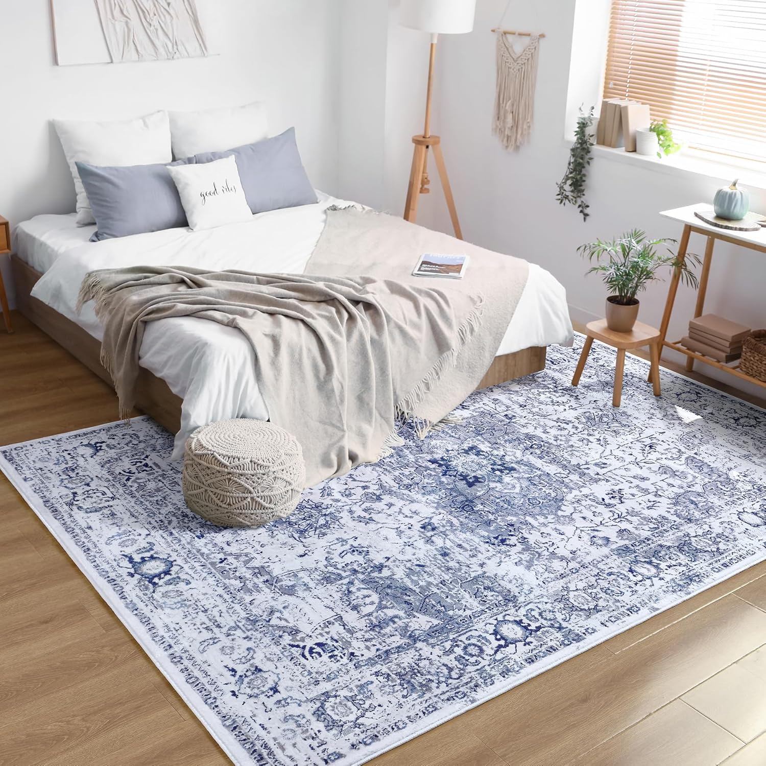 Keeko 5x7 Area Rugs for Living Room Bedroom, Large Vintage Machine Washable Rugs Soft Fluffy Indoor Accent Print Rug Non Shedding Non Slip Floral Carpet Rug for Office Dining Room Decor Blue