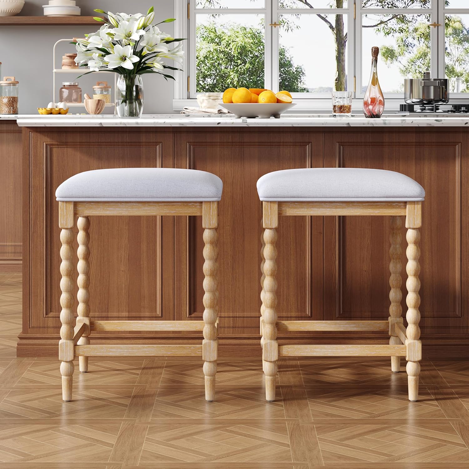 Merax Counter Height Bar Stools Set of 4, 26" Barstools with Upholstered Cushion, Backless Counter Stools with Solid Acacia Wood Frame, Bar Stools for Kitchen Island Dining Room, Natural