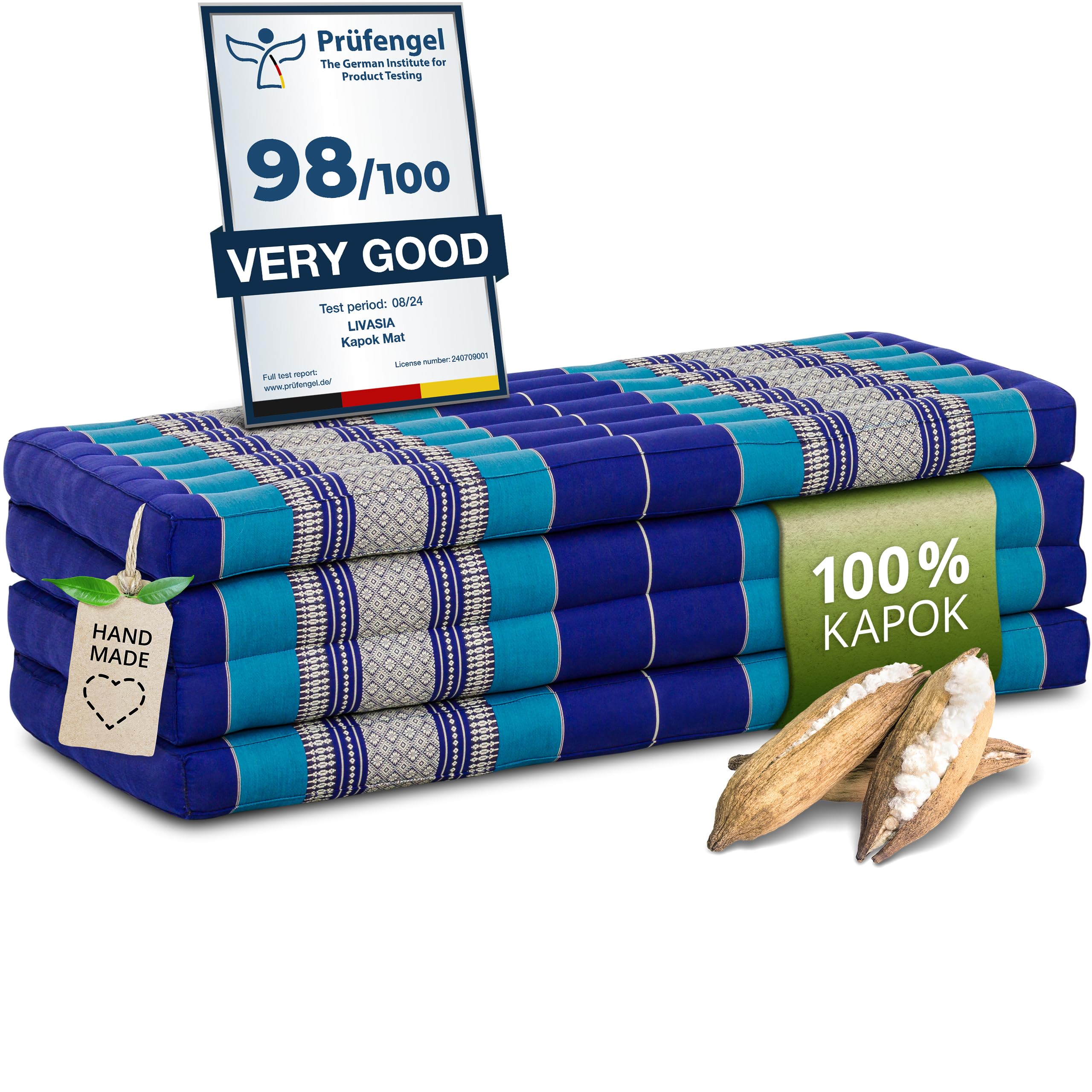 Duurzame klapmatras van kapok - 200x80x8cm - gastenmatras met Thaise zijde, plooibare matras voor Van, ecologische yogamat, klapbaar gastenbed, ligstoel tuin balkon (Groen/Olifant Zijde