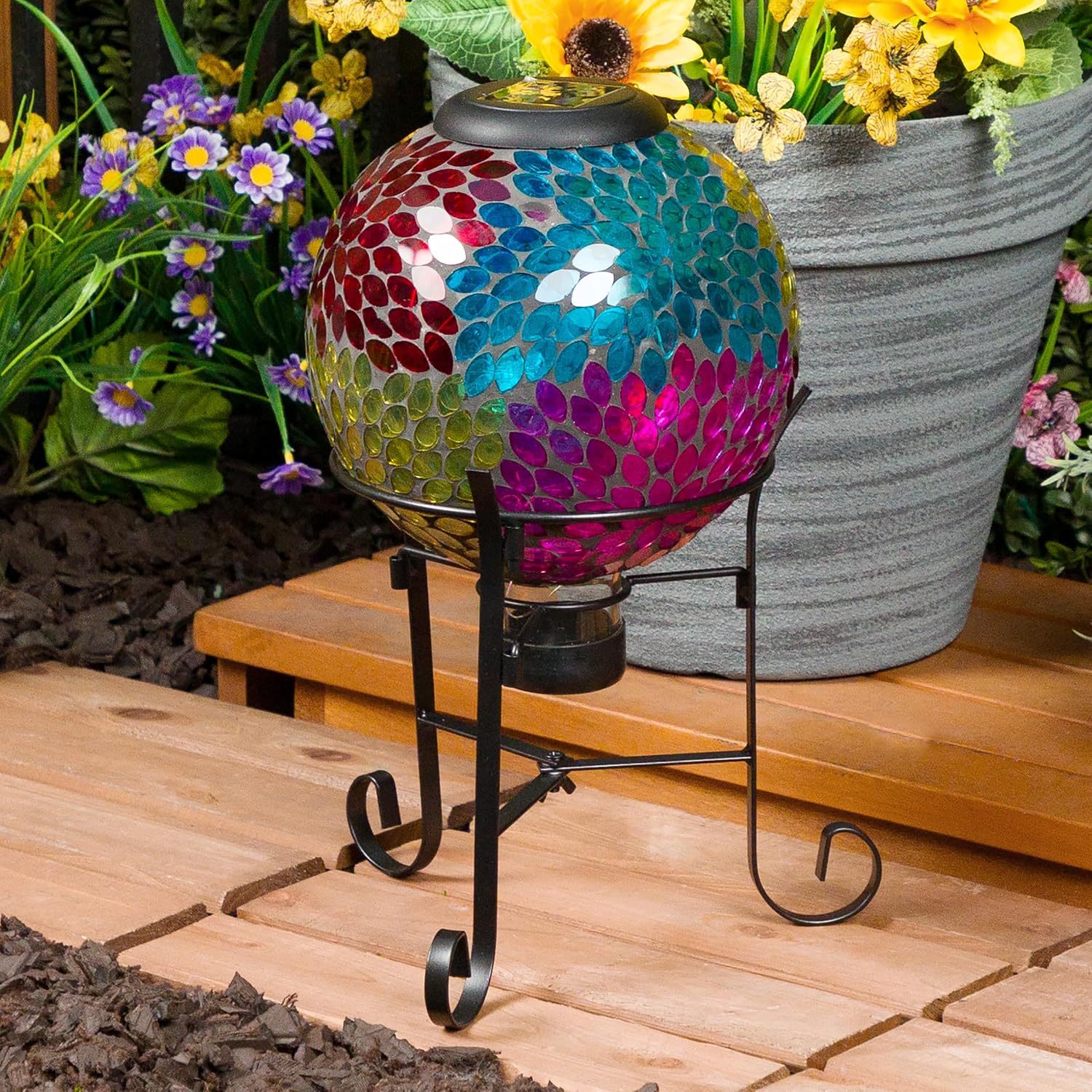 Alpine Corporation 8" Diameter Outdoor Solar Leaf Mosaic Gazing Globe with Metal Stand, Gazing Balls Yard Decor, 14" H - Multicolor