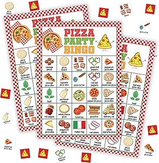 Pizza Party Bingo Game for Adults, Food Theme Bingo Game Set, Pizza Party Time Bingo Cards, Pizza Games Bingo Favors for Family Friends, Large Multiplayer Group Game Decor & Supplies -18