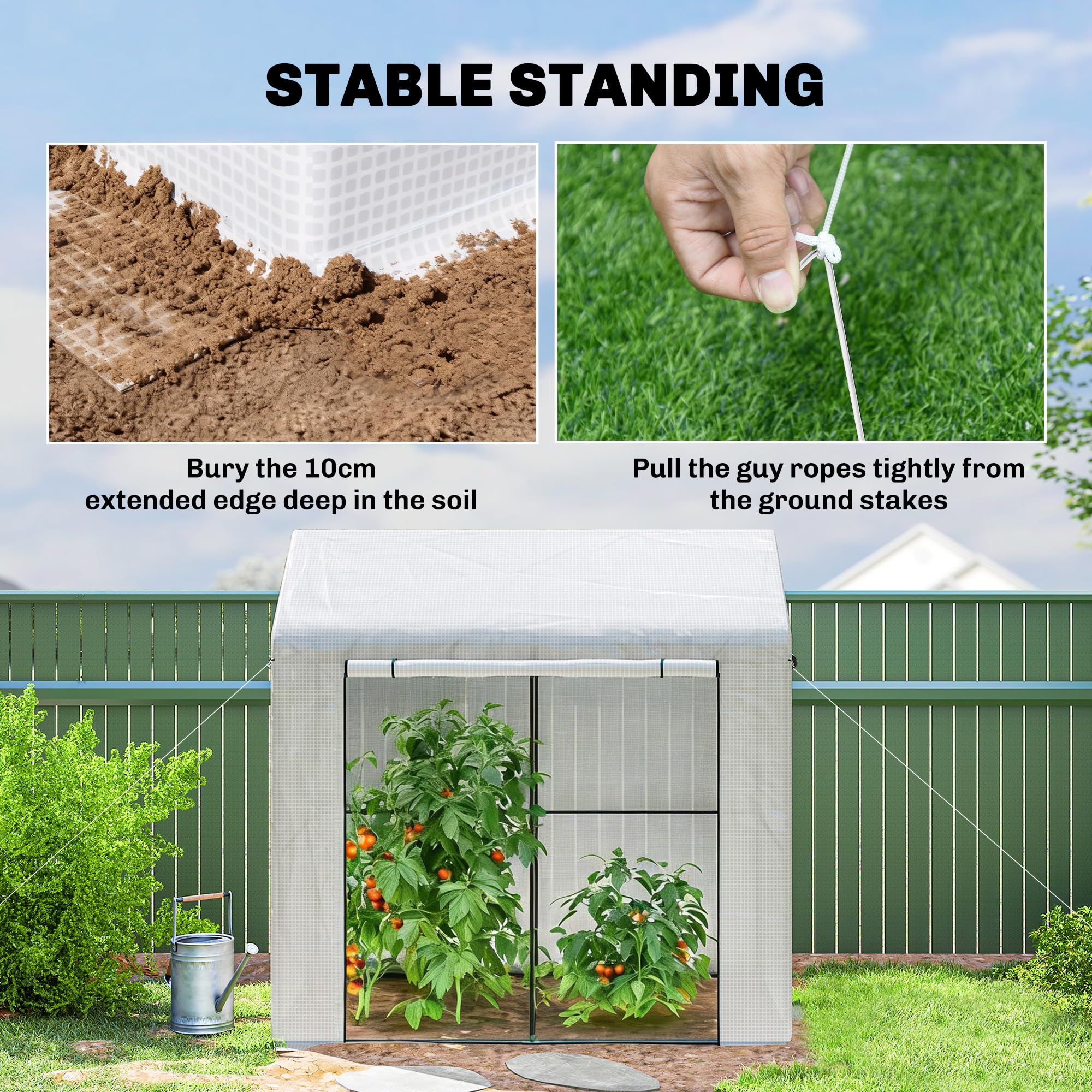 Outsunny begehbares Gewächshaus, Tomatengewächshaus für den Außenbereich, Gewächshaus für den Garten, Anzuchtgewächshaus mit Rolltür und Netzfenstern, PE-Abdeckung, 200 x 140 x 200 cm, weiß | Tomatengewächshaus für den Außenbereich, Gewächshaus für Garten