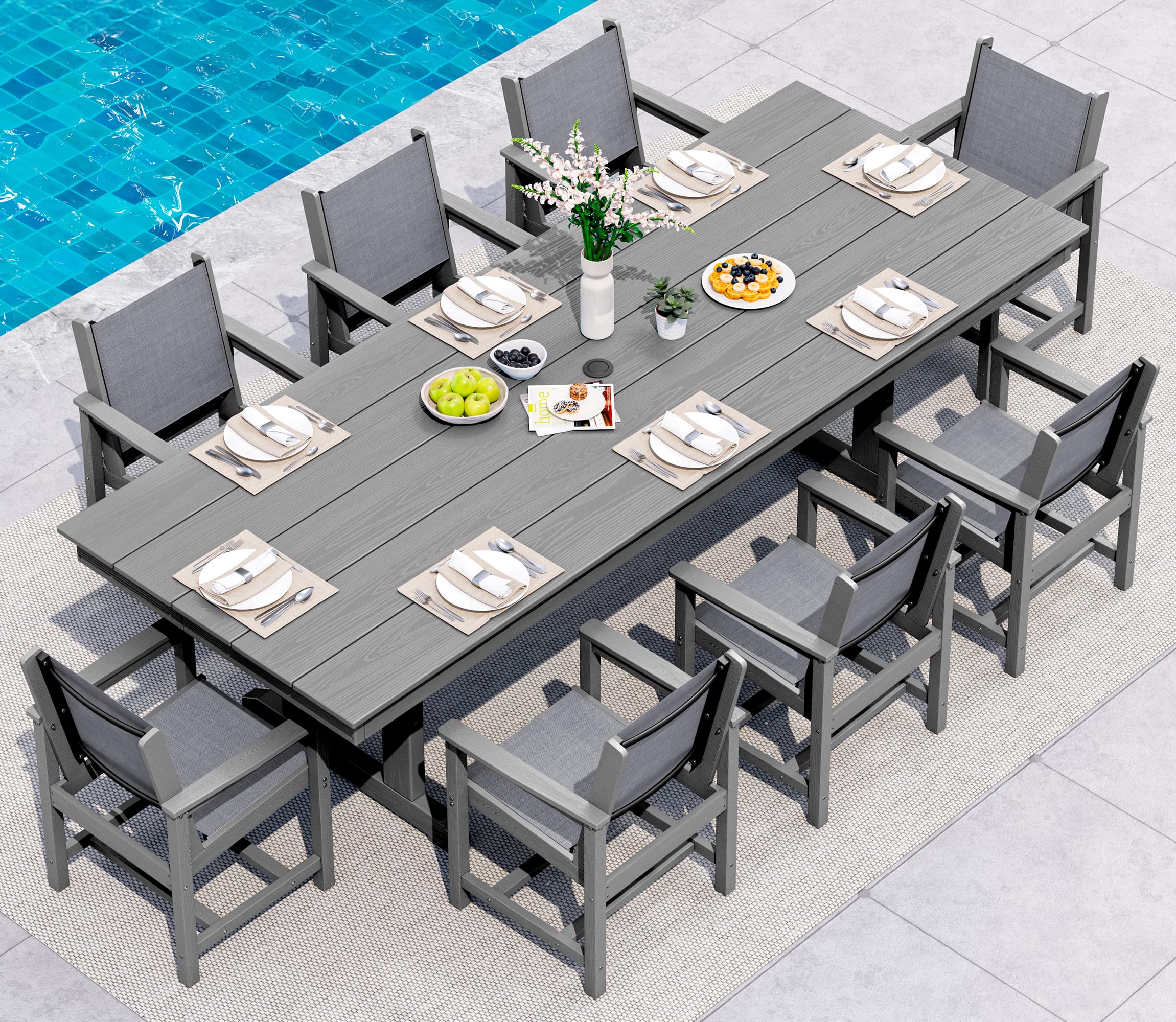 SERWALL 9Pcs HDPE Outdoor Dining Set for 8 with Sling Chairs,Gray