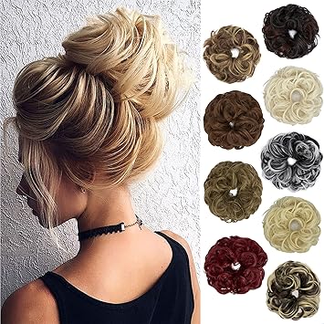 2 PCS Messy Bun Hair Curly Wavy Scrunchie Updo, Hair Pieces Ponytail Hair Bun Extensions Thick Updo Synthetic Donut Updo Chignon for Women Girls (12H24 - Light Brown Mix Ash Blonde)