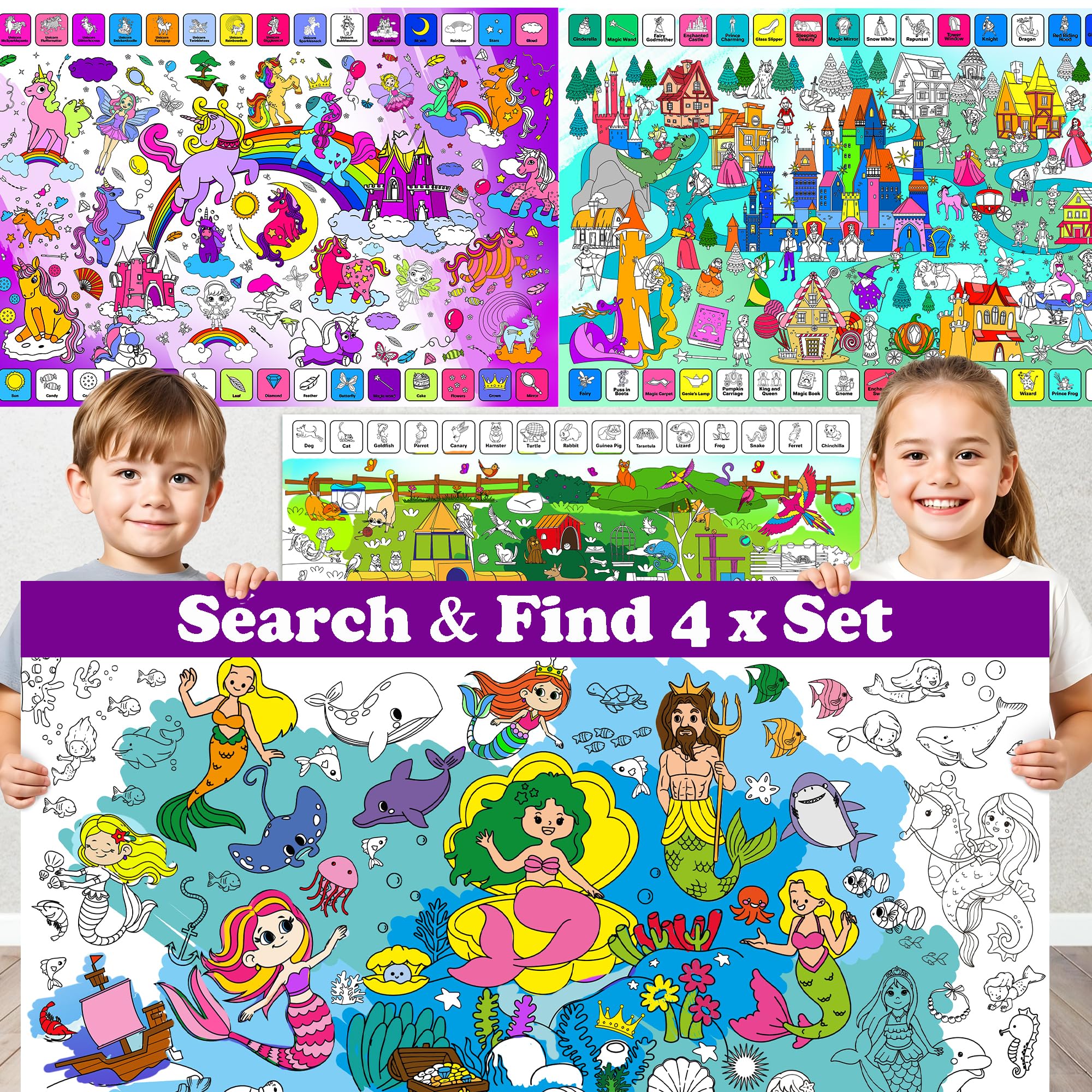 QUOKKA Giant Coloring Posters for Girls – 4-Pack 2x3 Ft Large Coloring Sheets with Educational Tasks – Floor & Wall Activities for Markers, Crayons, Paints – Classroom & Party Supplies for Boys Girls