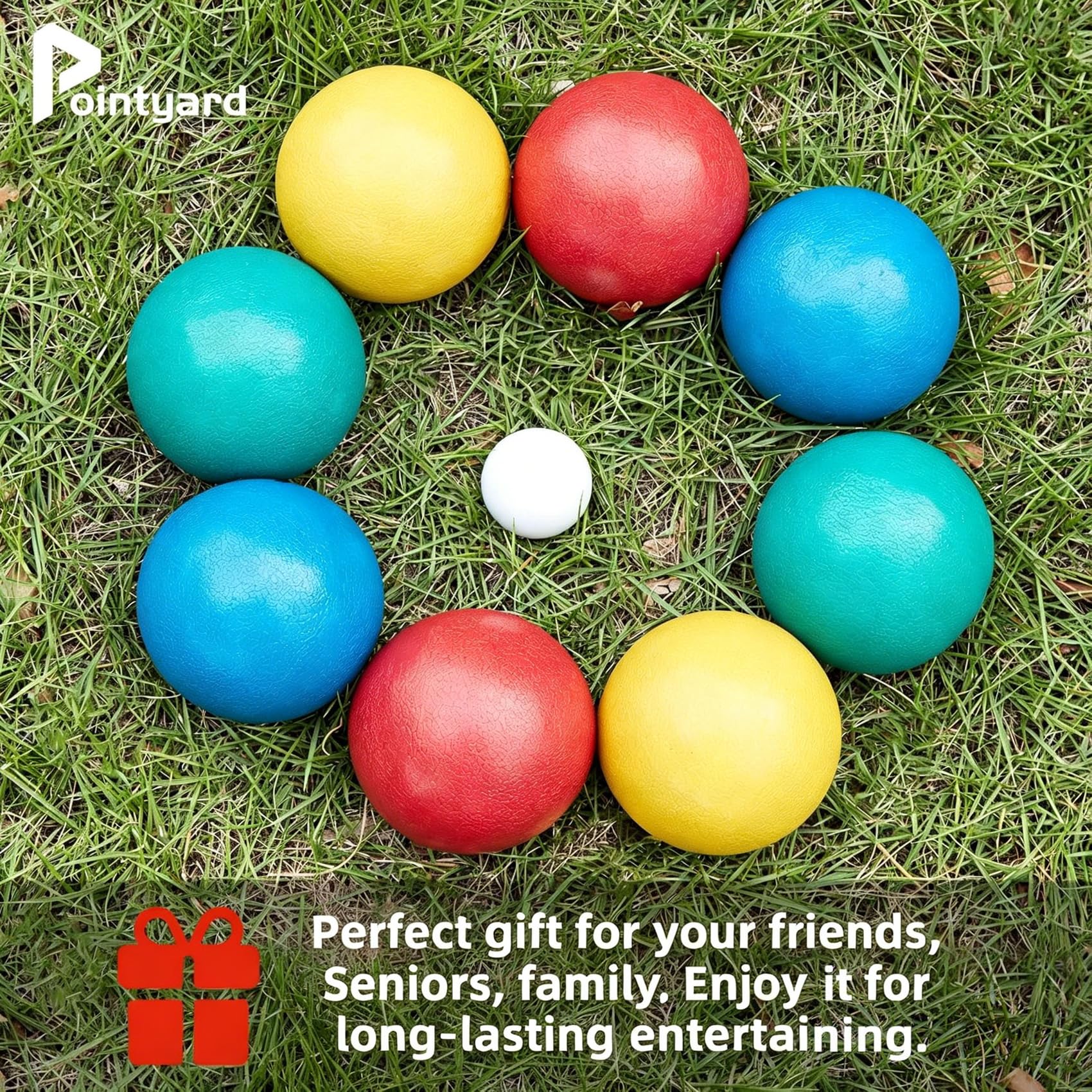 Bocce Zestaw piłek Bocci 84 mm z 8 kulkami PE Bocce | 1 torba do przenoszenia, taśma pomiarowa - gry rodzinne na podwórko / trawnik / plażę (czerwony, niebieski, zielony, żółty)