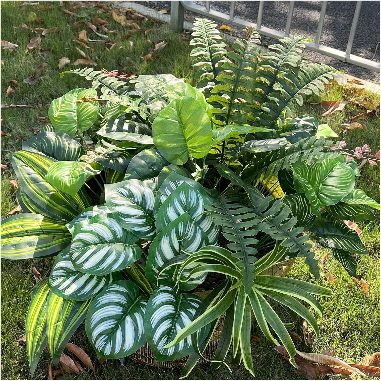 Large Realistic Faux Outdoor Plants, Artificial Greenery Set with Silk Leaves for Patio, Porch, Garden Decor, UV Resistant Plastic Stems, Lifelike Shrubs for planters and Front Door Decorations