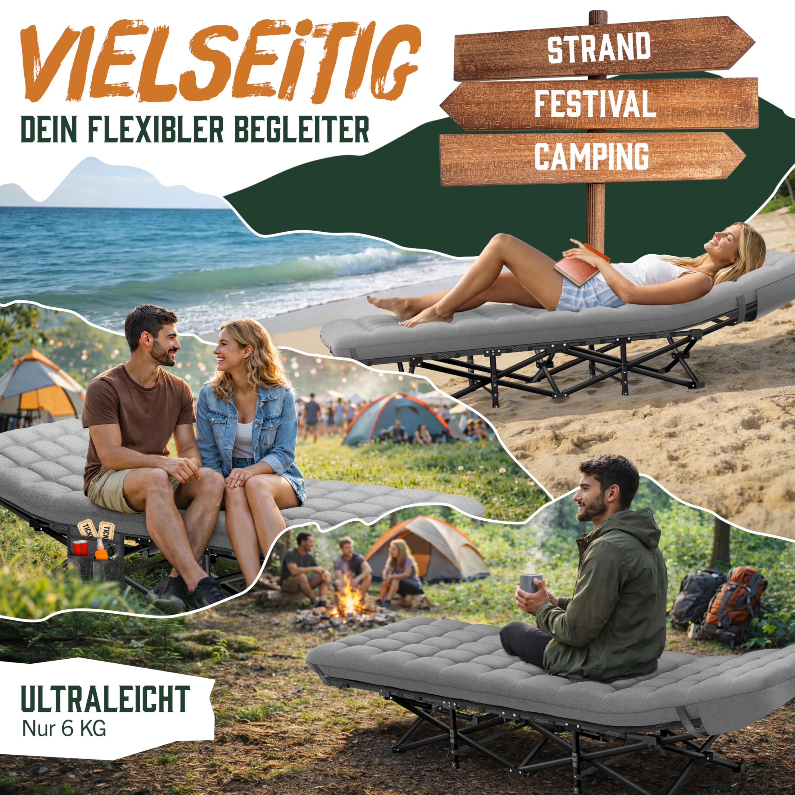 ELONEO NEU Feldbett klappbar mit Premium Auflage | Campingbett bis 200kg belastbar | Campingliege mit Seiten- & Tragetasche | Gästebett klappbar | Klappliege Indoor und Outdoor | Reisebett Erwachsene