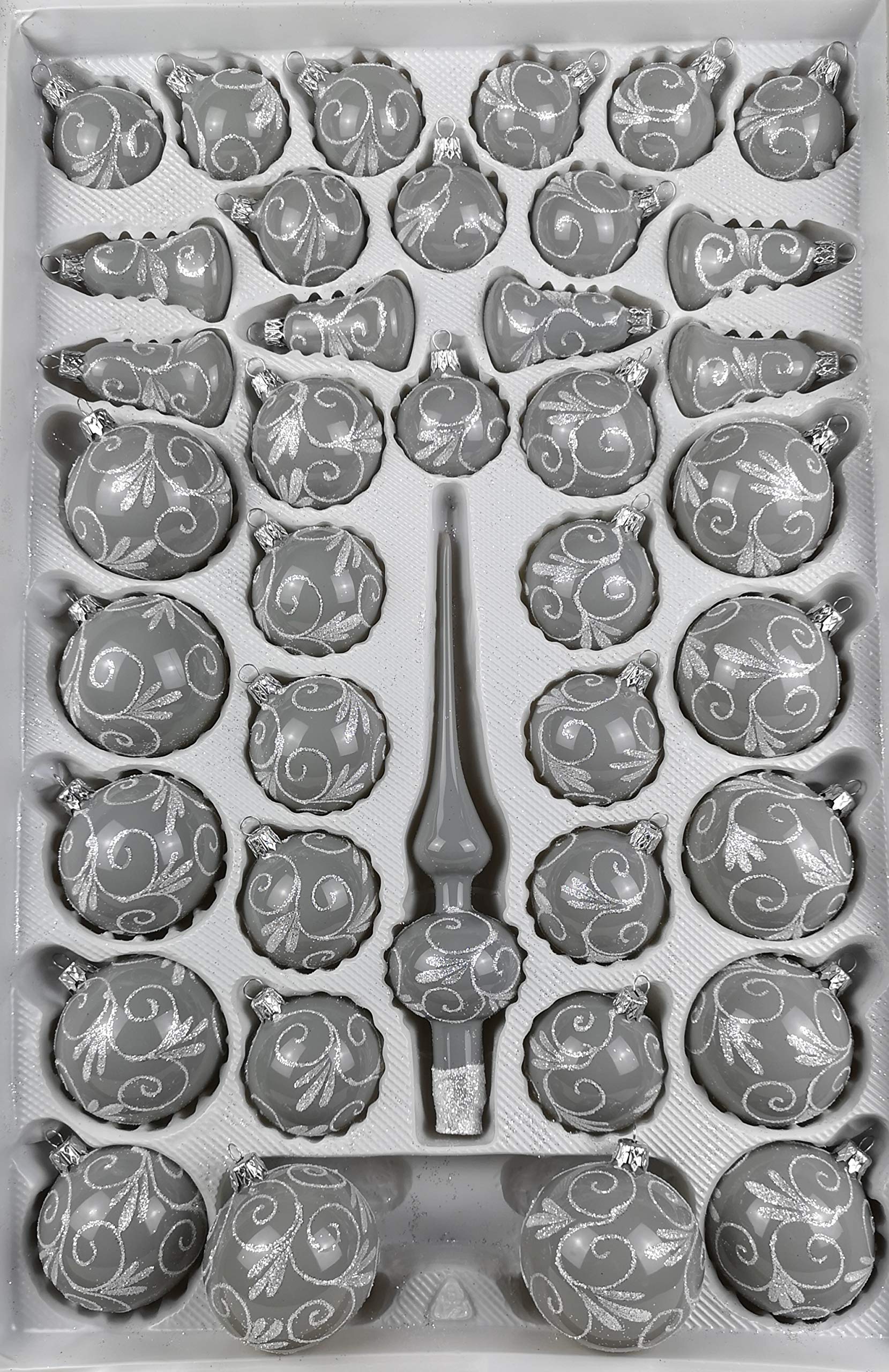 39 TLG. Glas-Weihnachtskugeln Set in Hochglanz Modern Grau Weisse Ornamente - Edle Neuheit - Christbaumkugeln - Weihnachtsschmuck - Christbaumschmuck