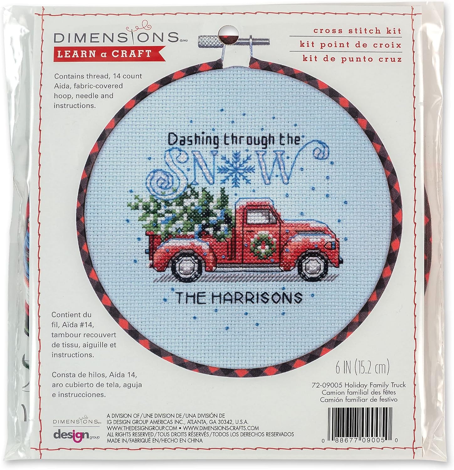 Dimensions 72-09005 Holiday Family Truck Christmas Counted Cross Stitch Kit for Beginners - 6" Bamboo Hoop, 14 Ct Lt Blue Aida