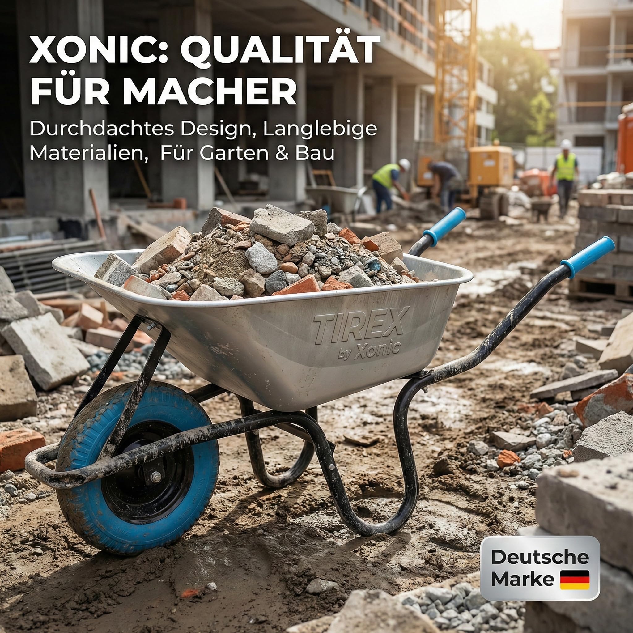 TIREX by xonic® Schubkarre mit Stahlfelge – Verzinkte Wanne bis 250kg/ 100l - Robuste Ausführung für Garten und Blau – Schieb-Karre mit PU Vollgummi-Rad - Blau- Silber