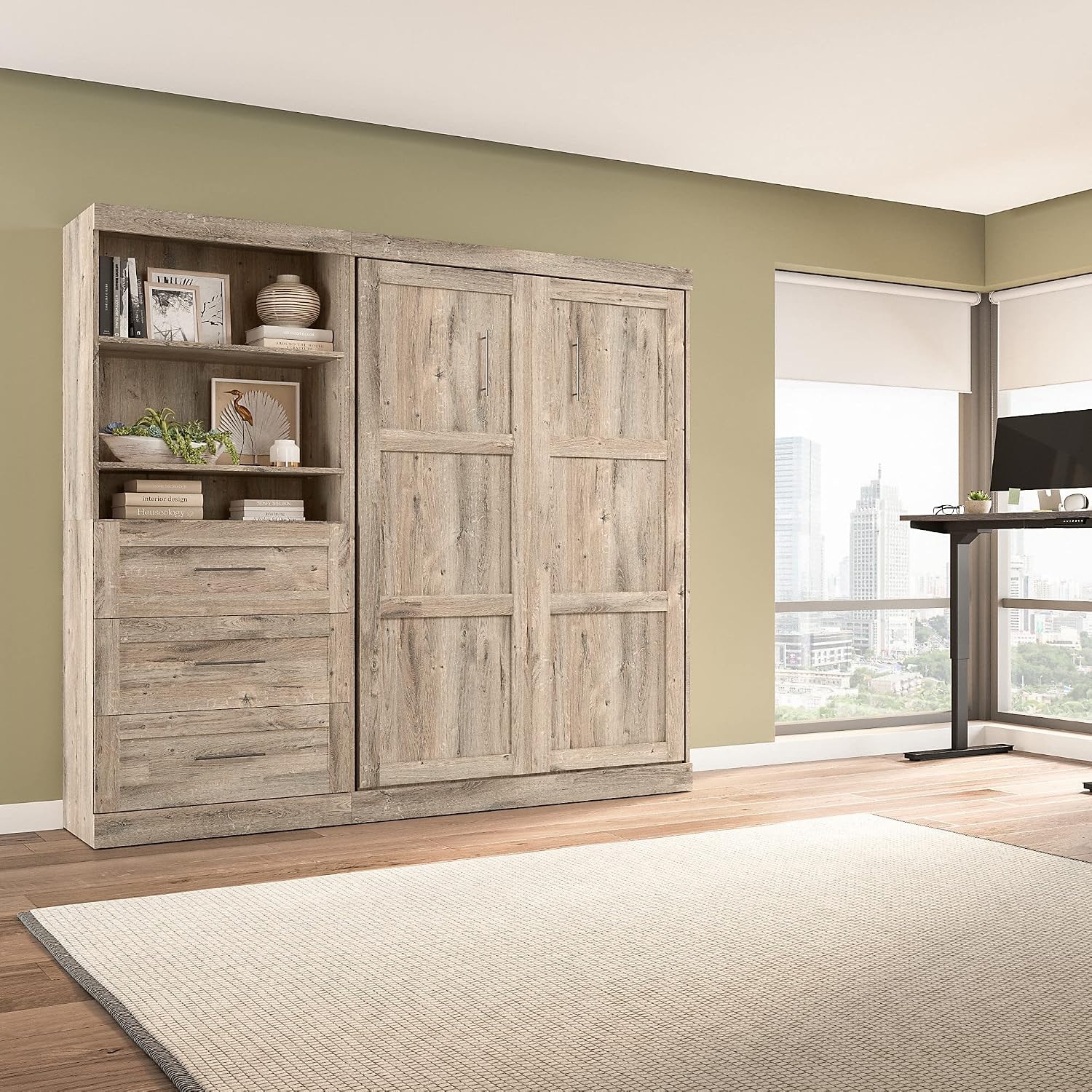 Bestar Pur Murphy, Space-Saving Wall Bed for Multipurpose Room, Full, Rustic Brown