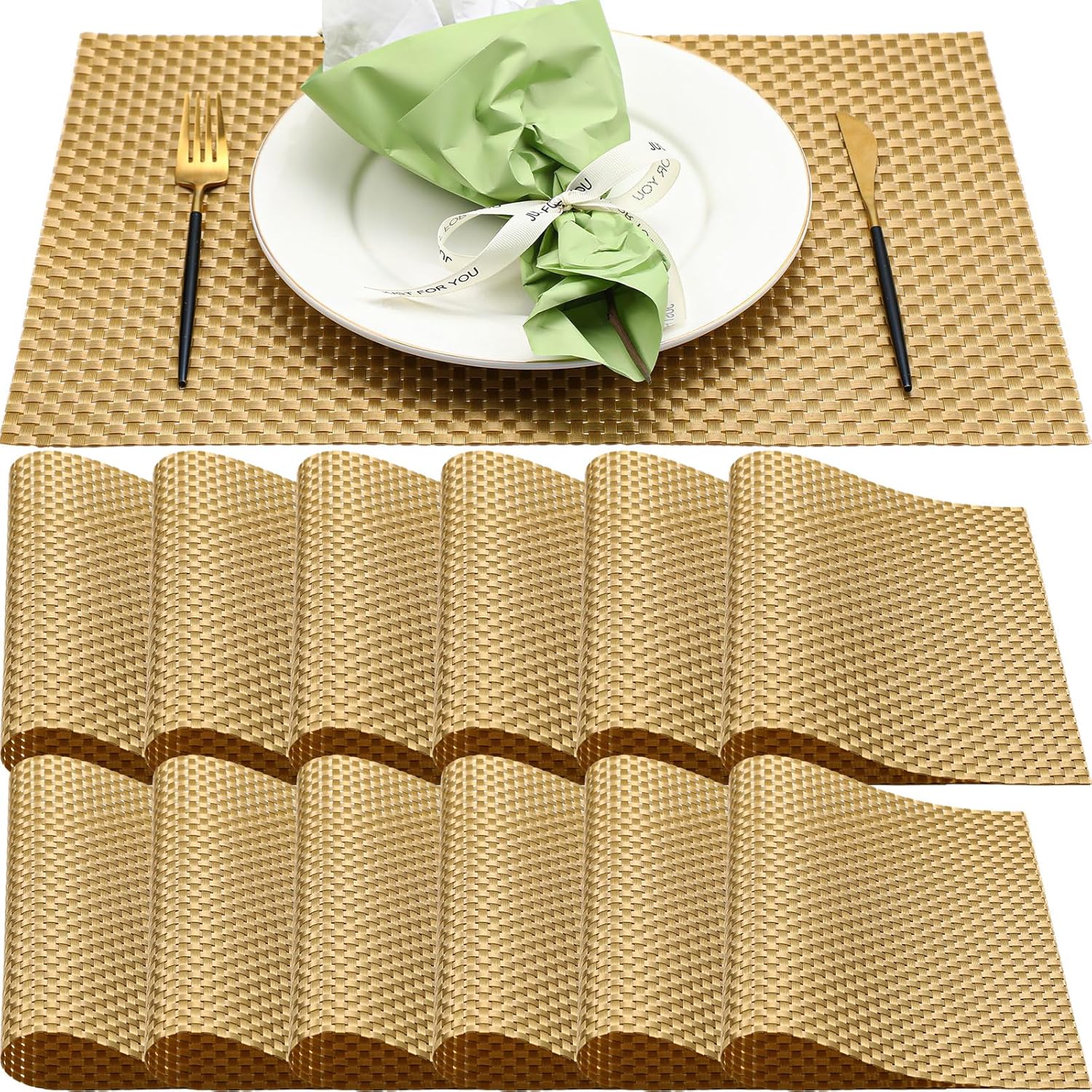 Gold Placemats Set of 12 Washable Heat Resistant Non Slip Table Mats, 12 x 18 Inch