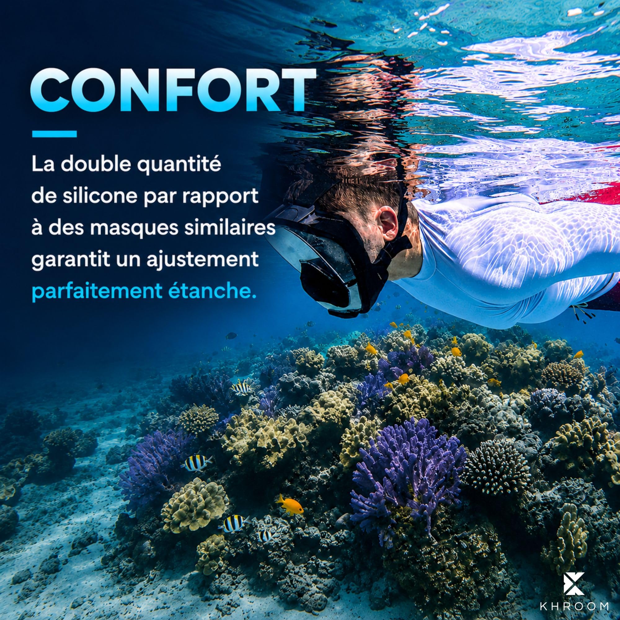 Khroom Masque Intégral de Plongée Adulte Équilibrage Seaview Pro Plus | CO2 testé sûr | Poche nasale en silicone | Vision panoramique 180° | Système Dry-Top anti-eau | Support caméra inclus