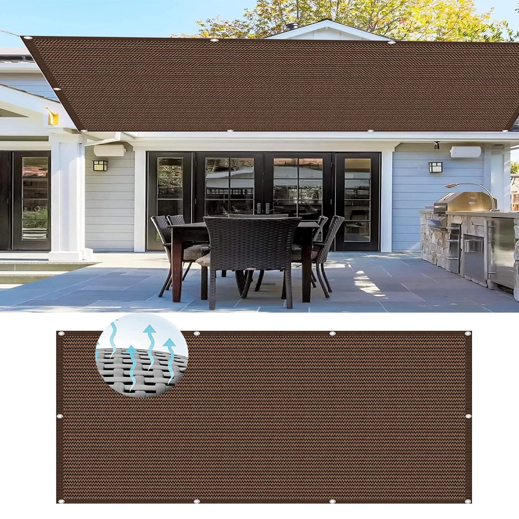 Voile d'ombrage marron pour repas sur la terrasse et détente au bord de la piscine