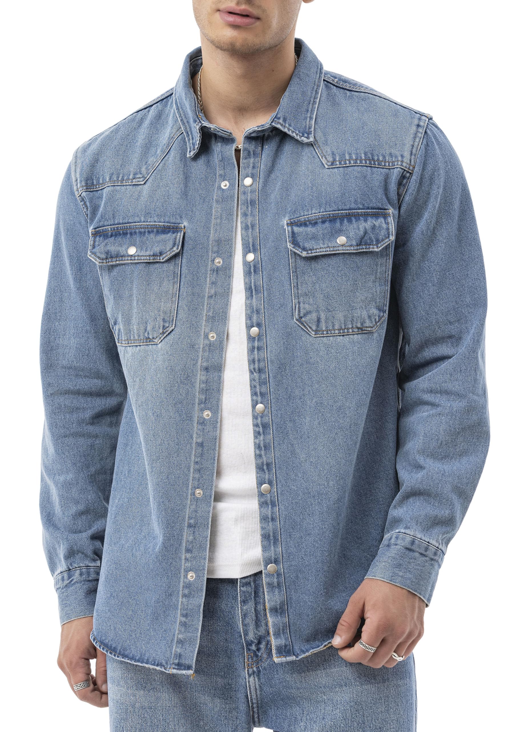 Redbridge by Spruce - Camicia in denim, con bottoni a pressione, oversize, con tasche sul petto, a maniche lunghe, vestibilità regolare