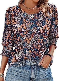 Blouses for Women Dressy Casual 3/4 Length Sleeve Womens Tops with Smocked Cuffs