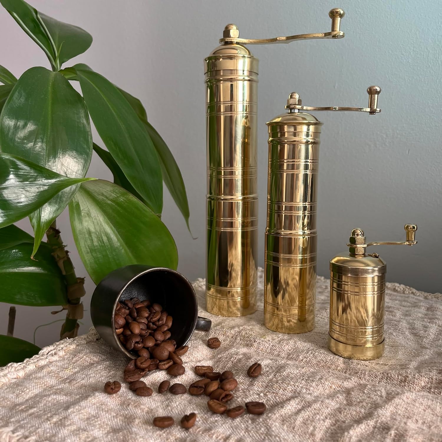 Set of Three Turkish Manual Coffee Grinders, Brass Coffee Mill with Handle, Fixed Top Pepper Grinder, Kitchen Decor