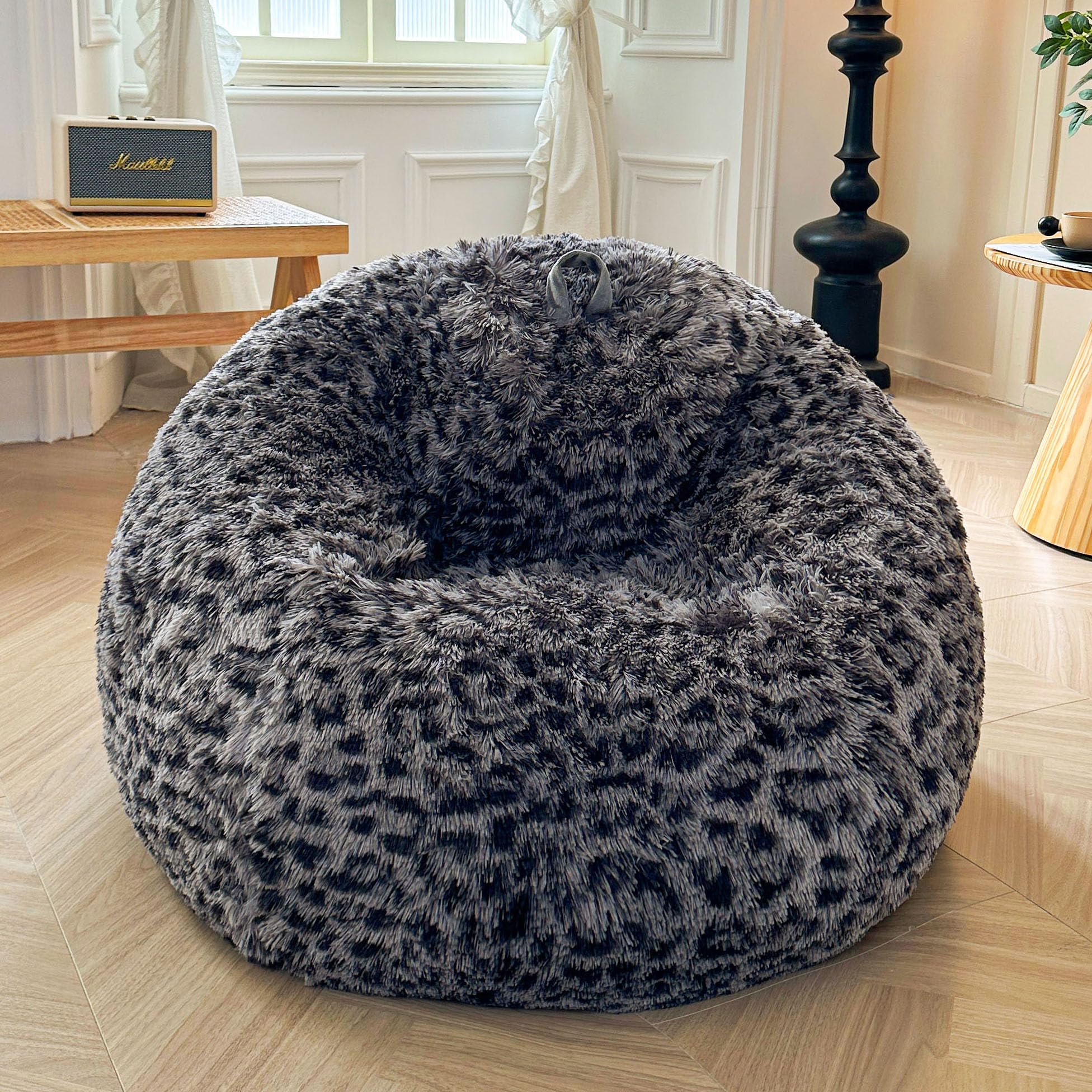 XeGe Faux Fur Leopard Print Bean Bag Chair Cover (No Filler), Fluffy Stuffed Animal Storage Cheetah Bean Bag Home Decor, Furry Fuzzy Big Beanbag Cover for Adults Teens Kids Girls, Anti-slip, Grey