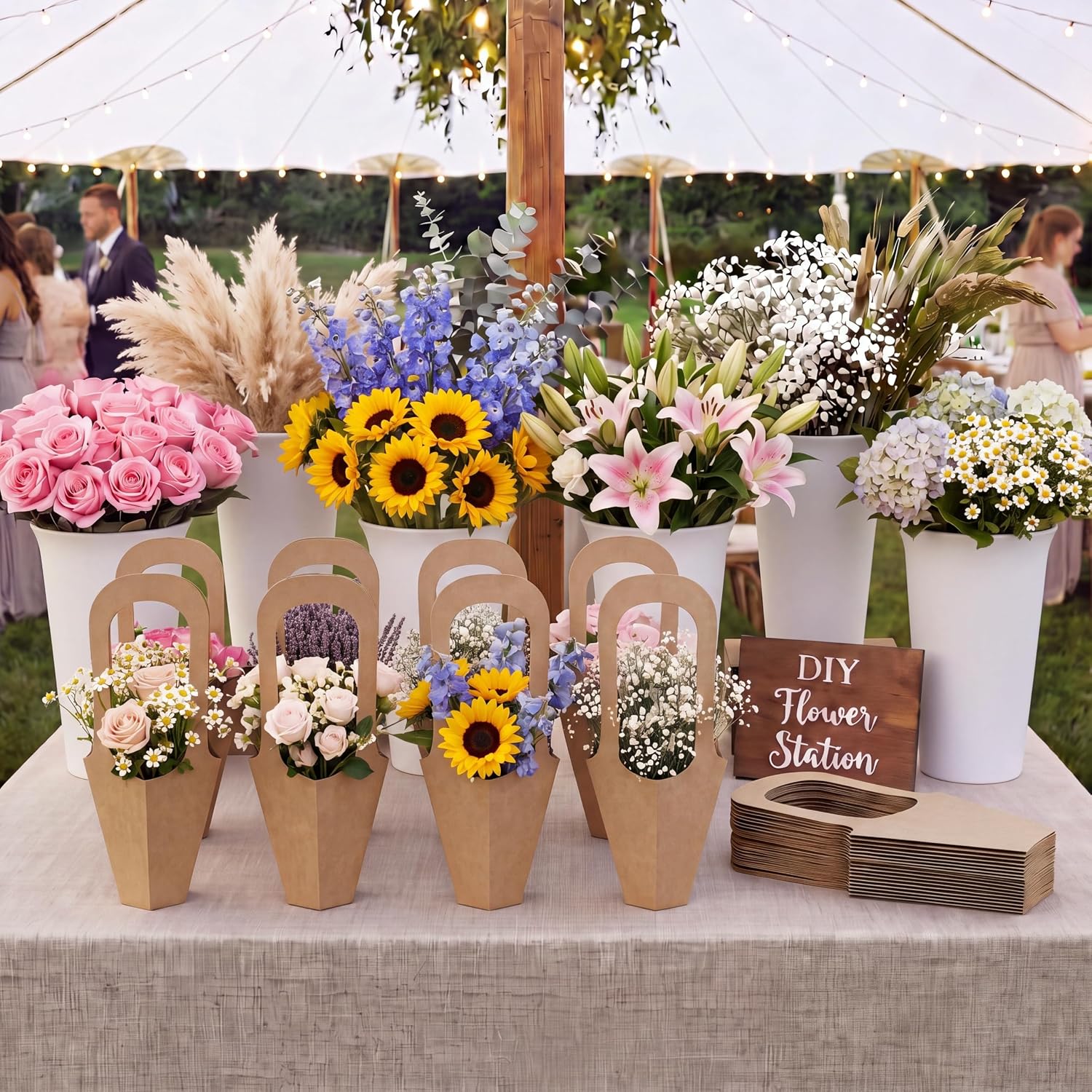 LemonRoad 56 Pcs Flower Bar Buckets Set Kit 6 Pcs Galvanized Bucket Bar 50 Packs Paper Gift Bags for Wedding, Bridal Shower, Graduation Birthday Table Centerpiece(Handheld,Plastic,9.8 Inch)