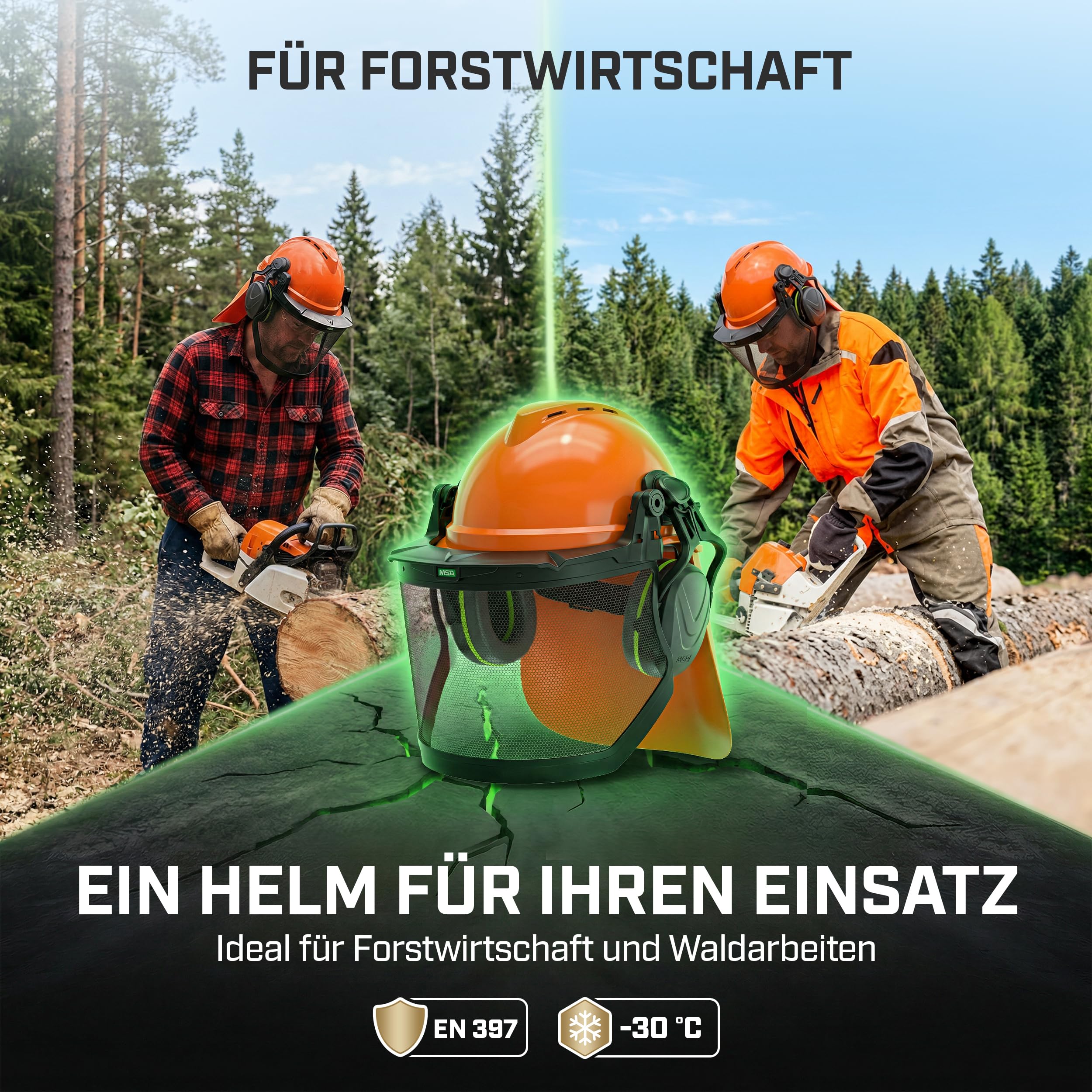 MSA V-Gard 500 Waldarbeiter-Set - Schutzhelm mit Belüftung, Visier, Gehörschutz & Nackenschutz - Helm für Wald & Forst-Arbeit