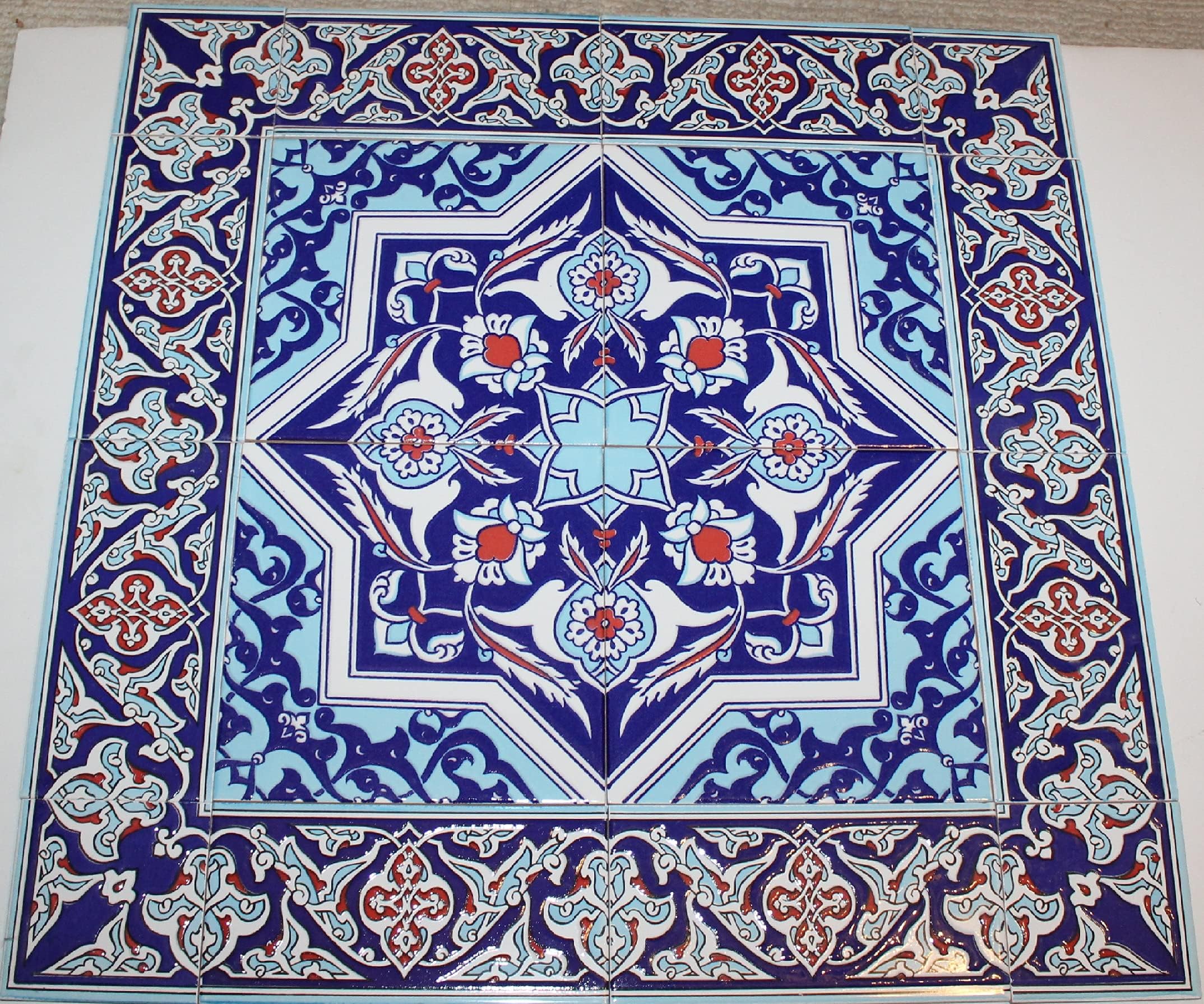 Turkish Iznik Tulip & Floral Pattern Ceramic Tile Mural Panel 24"x24"