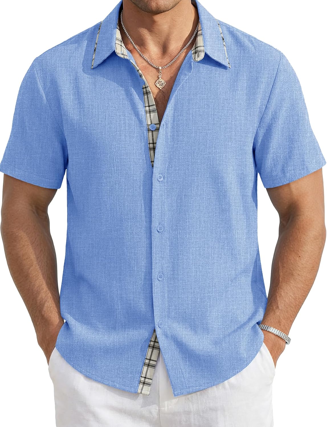 Cotrasen Men's Button Down Shirts Short Sleeve Linen-Like Casual Shirts for Summer Beach Vacation Wedding