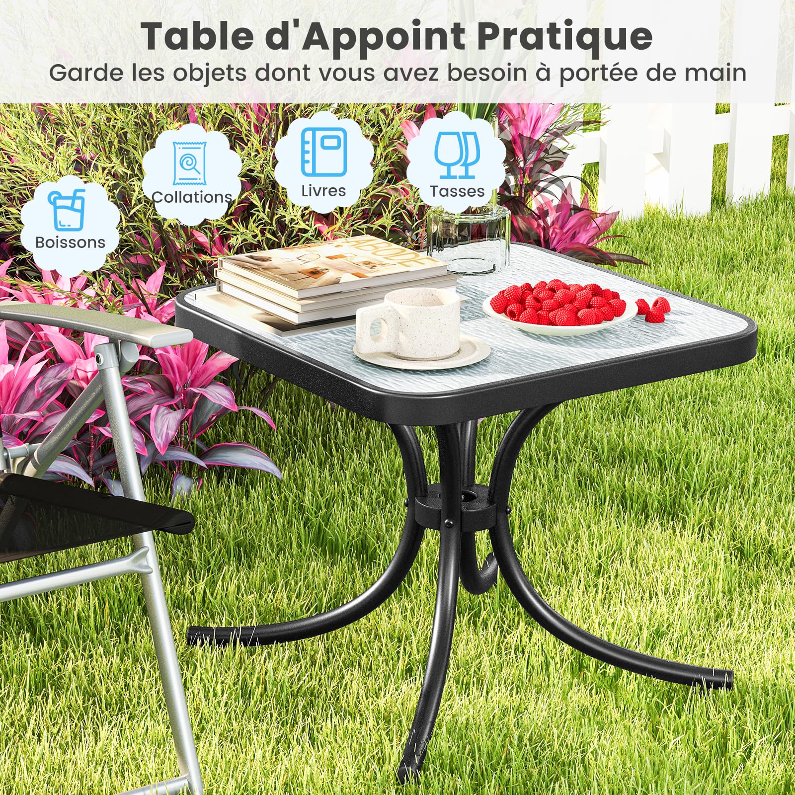 GIANTEX Table Basse Jardin 50 CM, Plateau en Verre Trempé Épaissi, Cadre en Métal Robuste, Charge 100 KG, Table Balcon Extérieur pour Jardin, Balcon, Terrasse, Noir