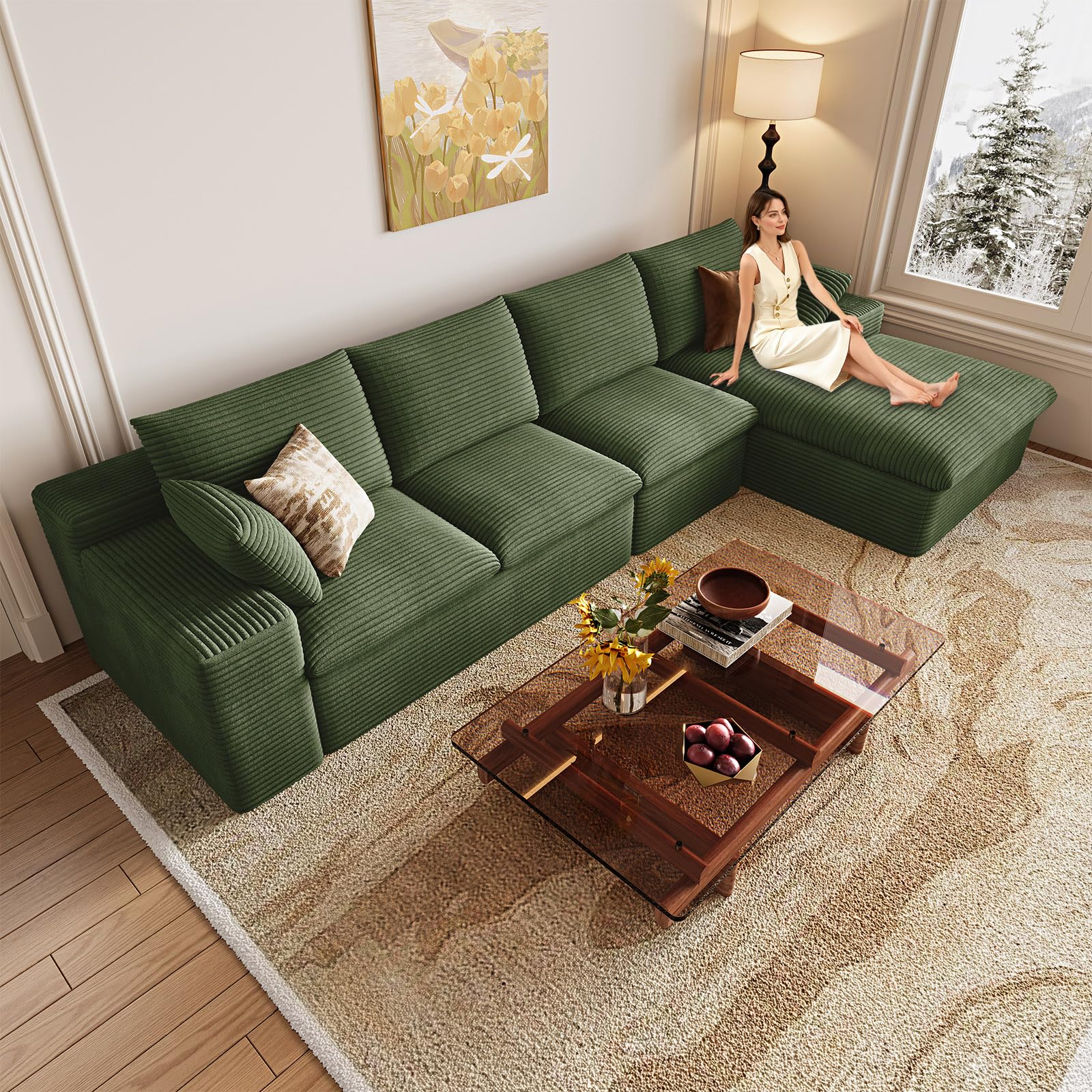 136" Cloud Couch Modular Sectional Sofa for Living Room, L-Shape Boneless Couch with Deep Seat, Modern Corduroy 4-Seater, No Assembly Required (Green,Right-Facing Chaise)