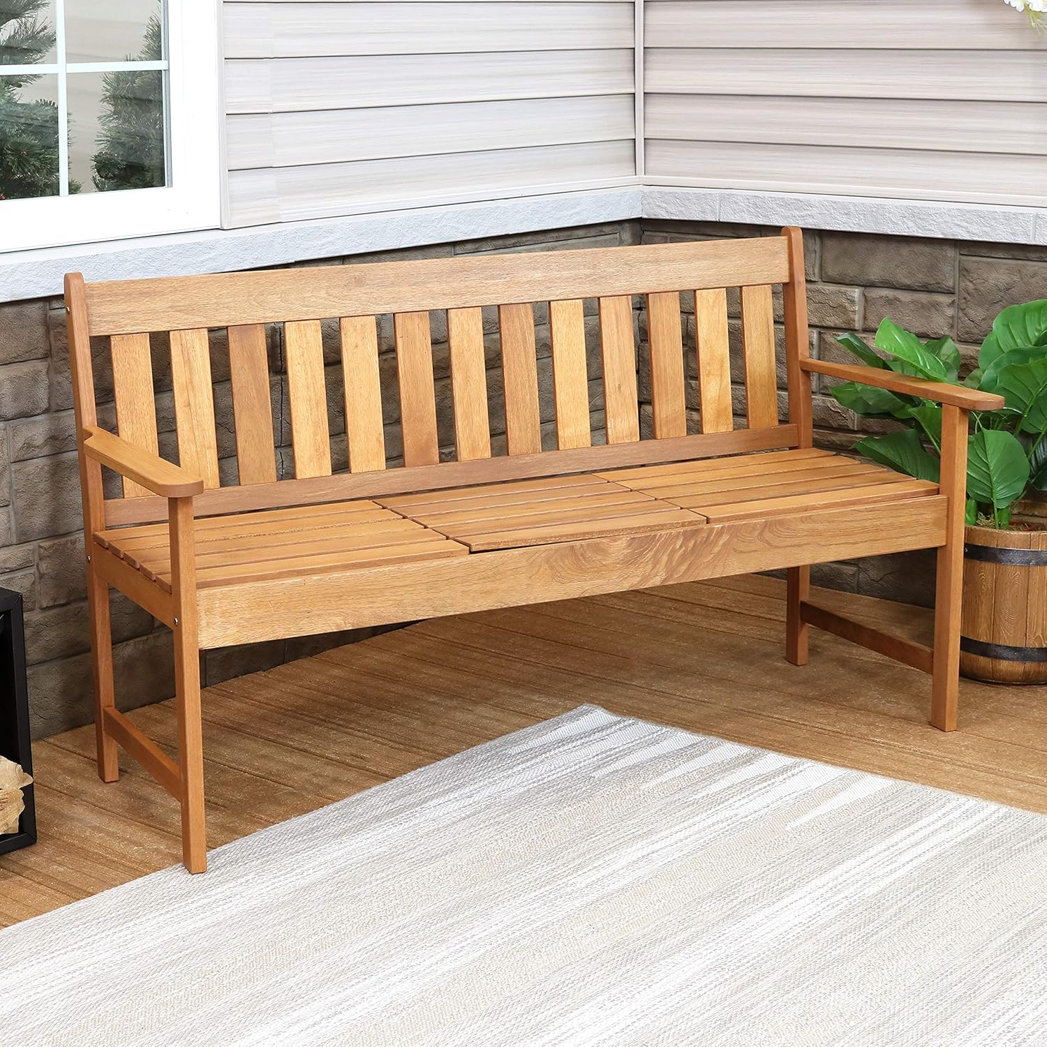 Sunnydaze Meranti Wood Outdoor Patio Bench with Built-in Pop-Up Table - Teak Oil Finish - 60-Inch