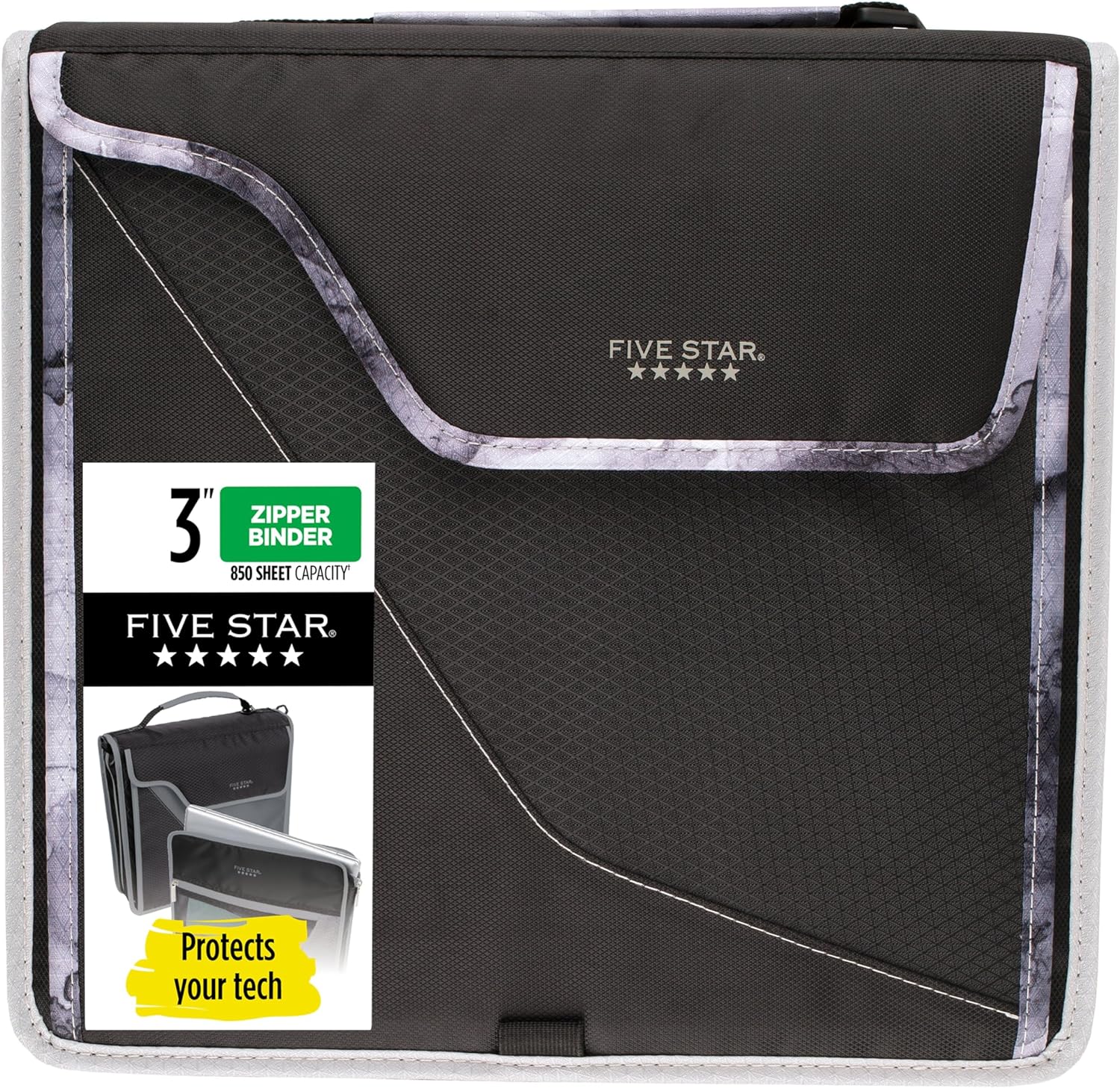Five Star Zipper Binder, 3 Inch 3-Ring Binder with D Rings, Removable Padded Case, 5-Tab Expanding File and Multi-Use Strap, 850 Sheet Capacity, Black/Gray (29296IT8)