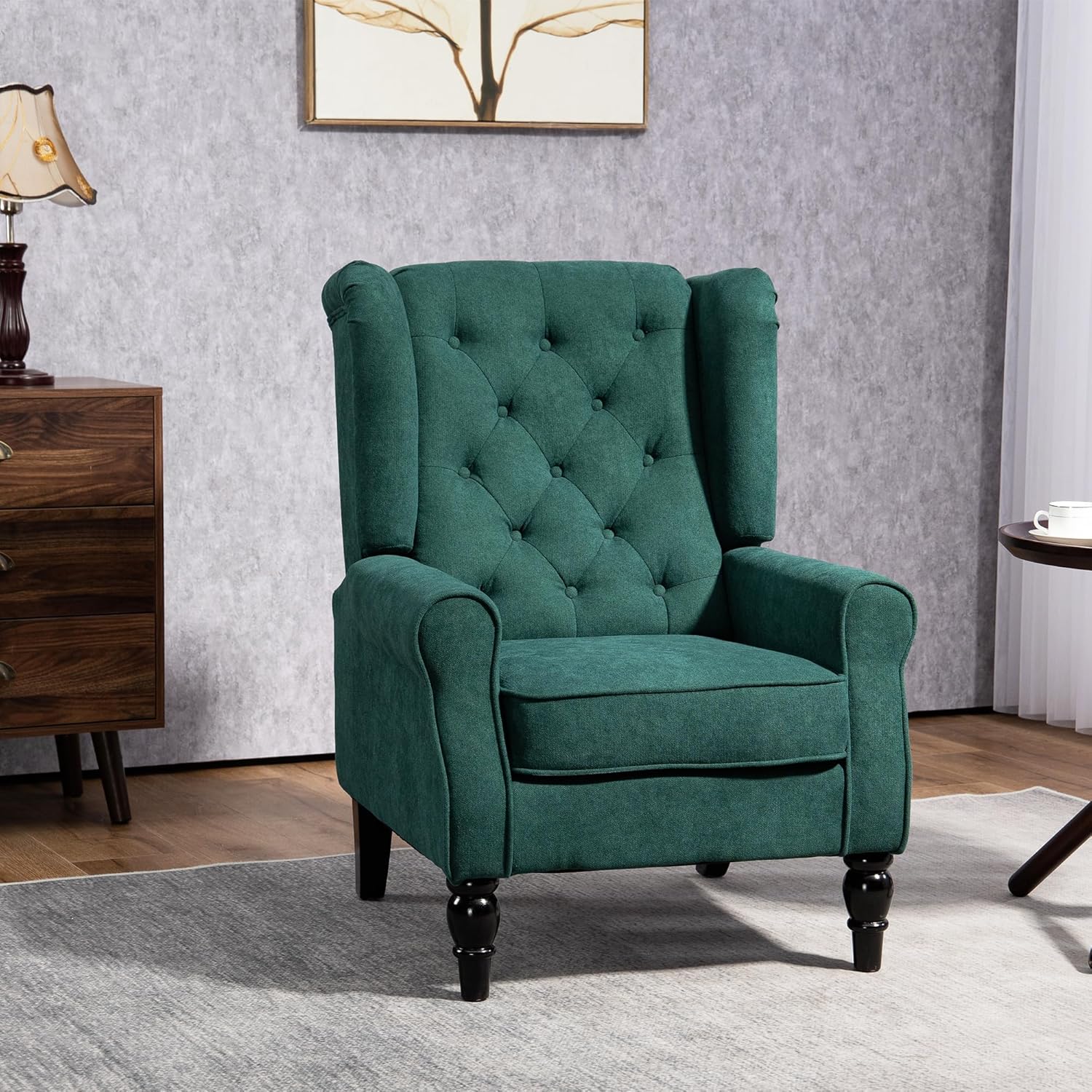 HOMCOM Mid-Century Modern Accent Chair, High Wingback Reading Chair, Button-Tufted Upholstered Fabric Armchair with Retro Wood Legs for Apartment, Living Room, Bedroom, Dark Green
