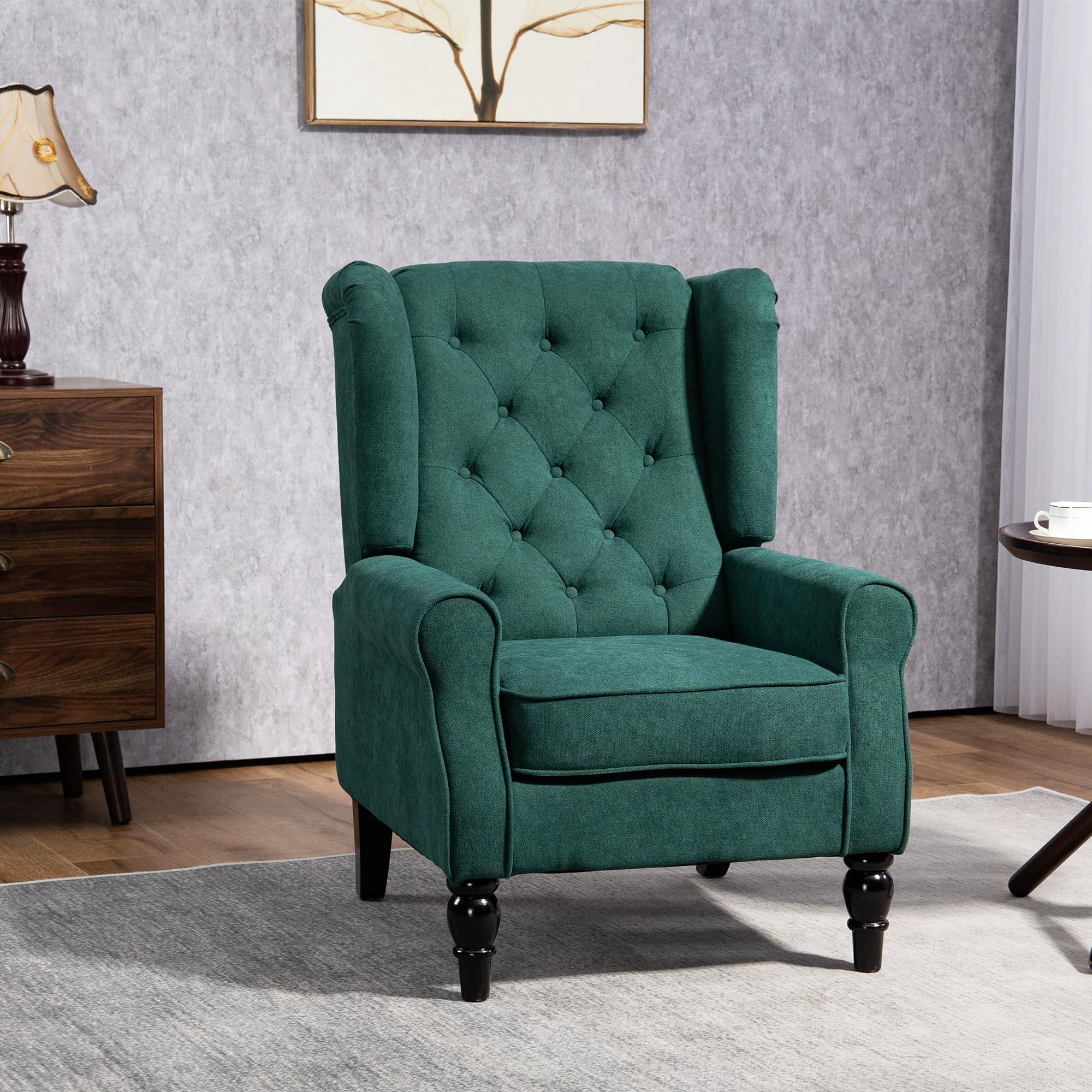 Mid-Century Modern Accent Chair, High Wingback Reading Chair, Button-Tufted Upholstered Fabric Armchair with Retro Wood Legs for Apartment, Living Room, Bedroom, Dark Green