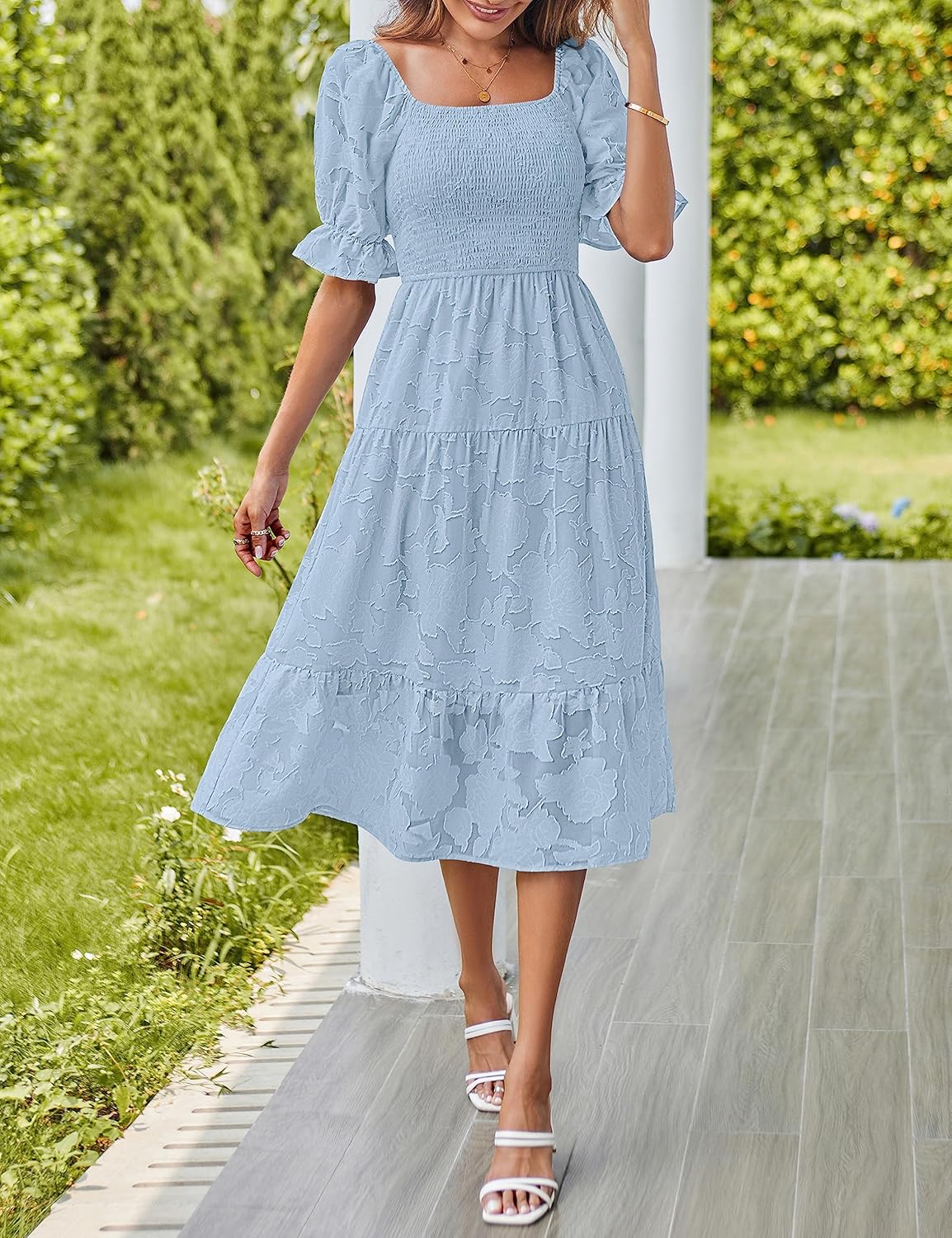 MEROKEETY Womens 2025 Summer Short Puff Sleeve Smocked Square Neck Floral Textured Tiered Midi Dress - Image 8