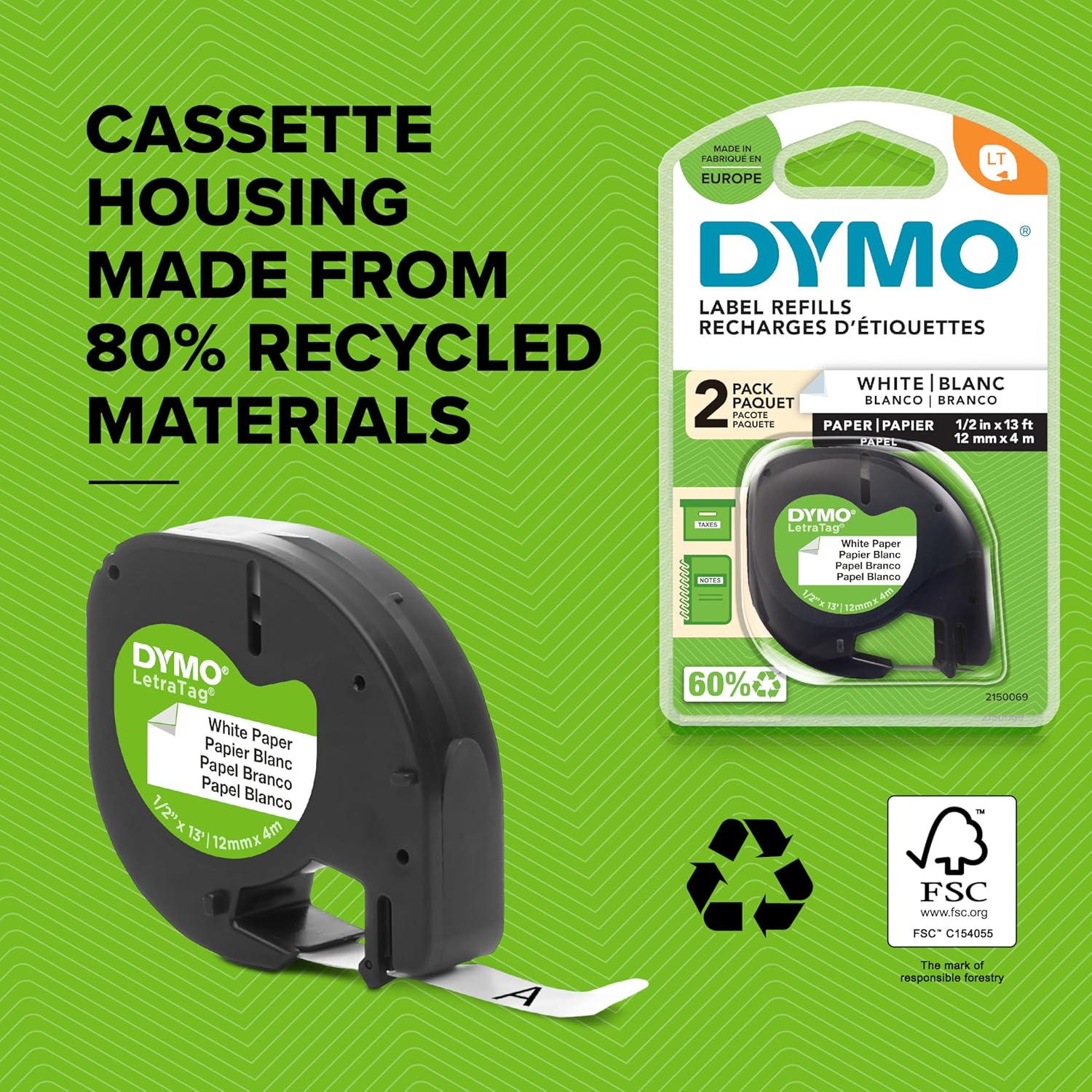 Dymo LetraTag label tape cassette made from recycled materials