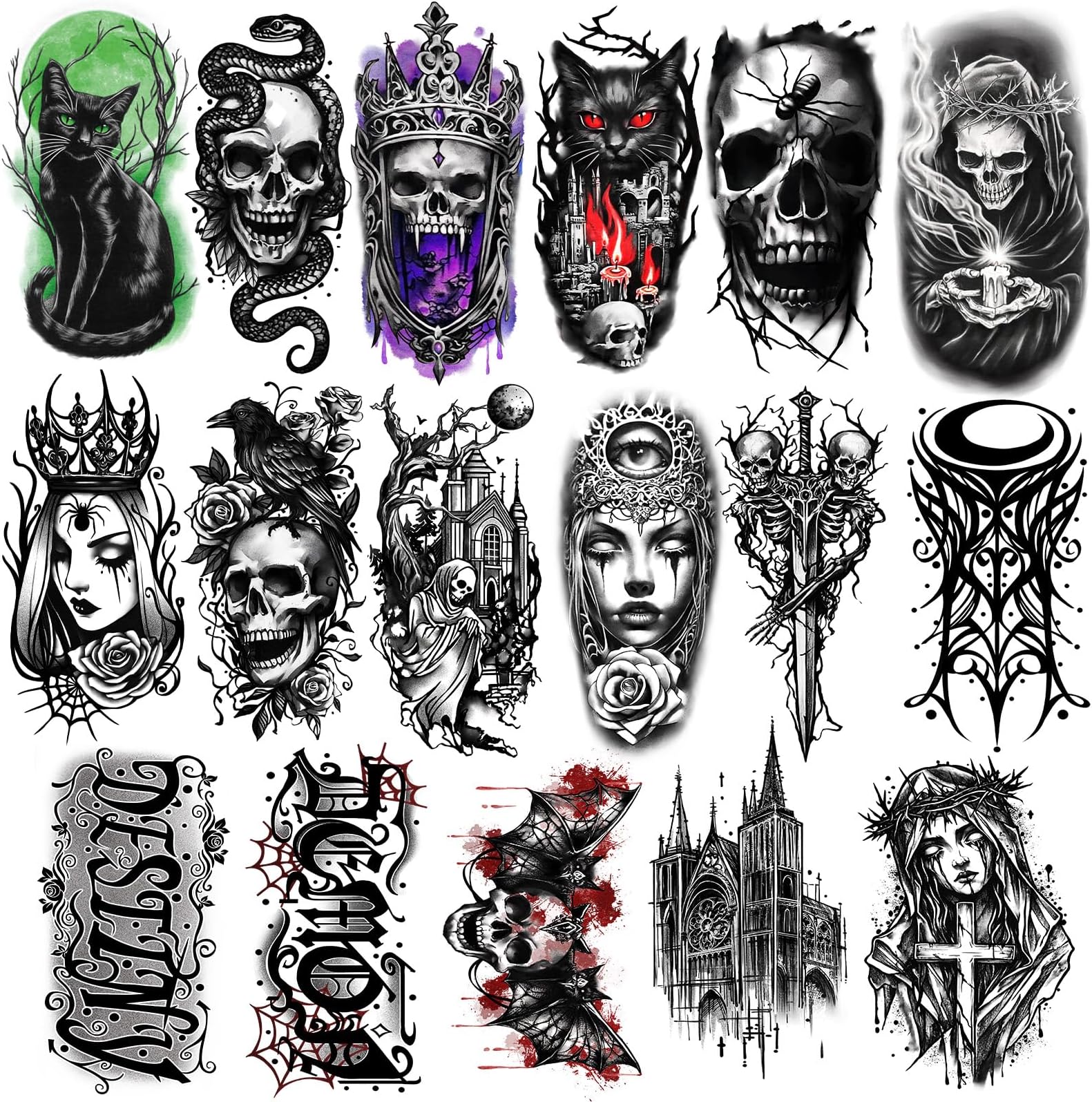 77 Sheets Temporary Tattoo, 17 Sheets Gothic Skull Cat Snake Spider Crow Half Sleeve Scary Fake Tattoos for Adults Men Women, 60 Sheets Small Tattoos Stickers for Boys Girls Party Supplies