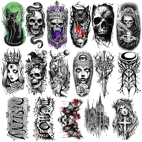 77 Sheets Temporary Tattoo, 17 Sheets Gothic Skull Cat Snake Spider Crow Half Sleeve Scary Fake Tattoos for Adults Men Women, 60 Sheets Small Tattoos Stickers for Boys Girls Party Supplies